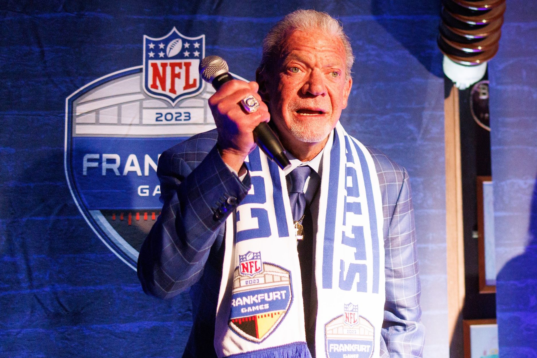 Indianapolis Colts owner Jim Irsay speaks during a fan event at Chicago Meatpackers before an International Series game against the New England Patriots.