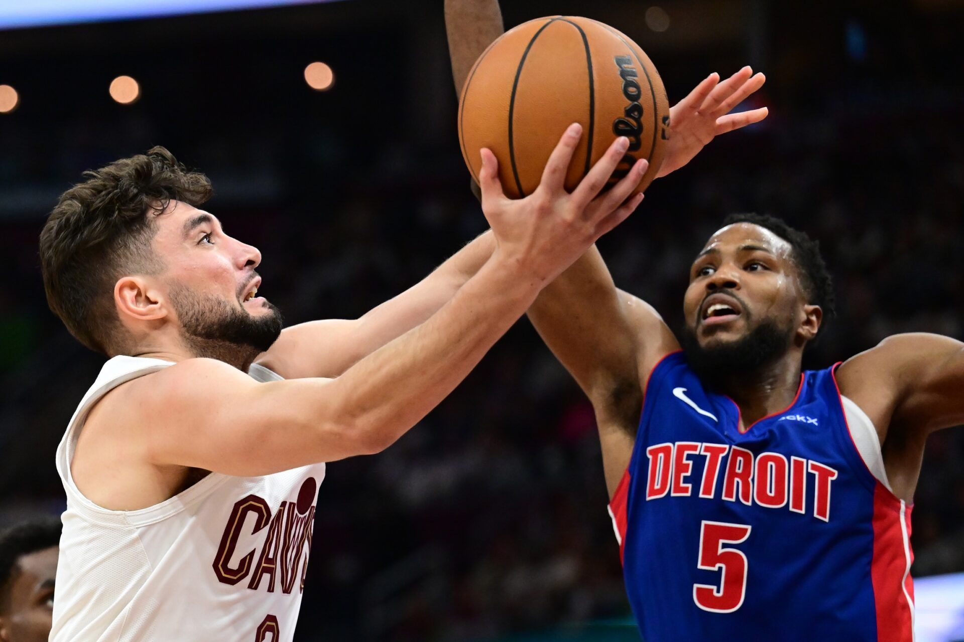 Cleveland Cavaliers guard Ty Jerome (2) drives to the basket against Detroit Pistons guard Malik Beasley (5) during the second half at Rocket Mortgage FieldHouse.