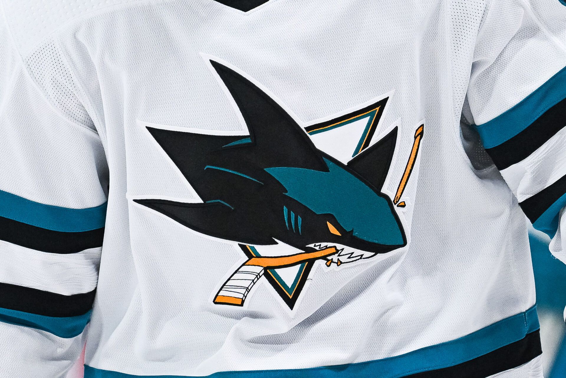 View of a San Jose Sharks logo on a jersey worn by a member of the team during the second period at Bell Centre.