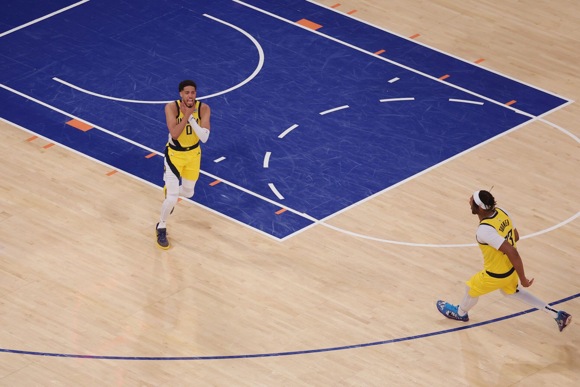 Indiana Pacers guard Tyrese Haliburton (0) reacts after tying the game in the fourth quarter to send the game to overtime against the New York Knicks during game one of the eastern conference finals for the 2025 NBA Playoffs at Madison Square Garden.