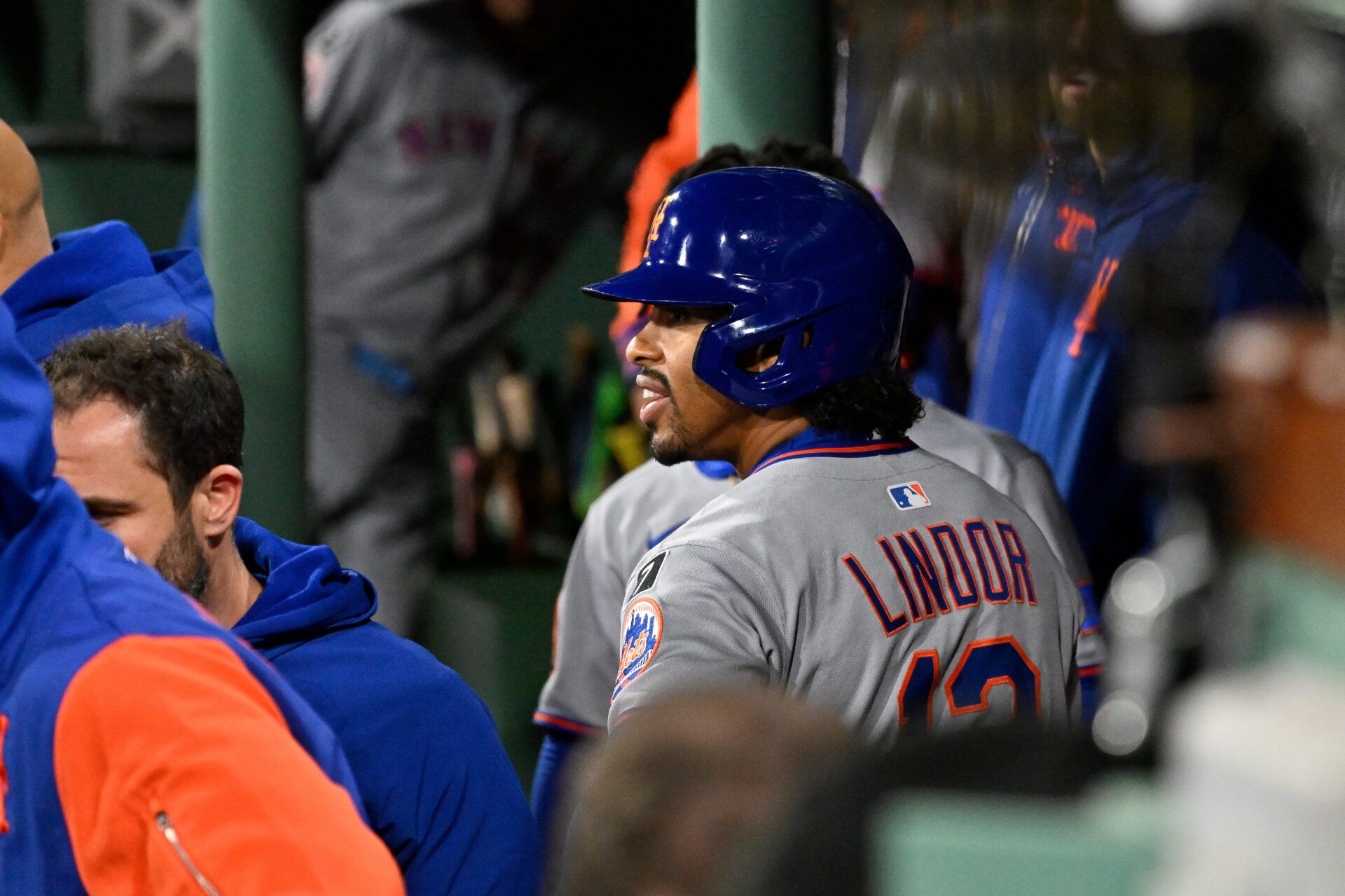 New York Mets shortstop Francisco Lindor (12) celebrates his home run against the Boston Red Sox during the ninth inning at Fenway Park.