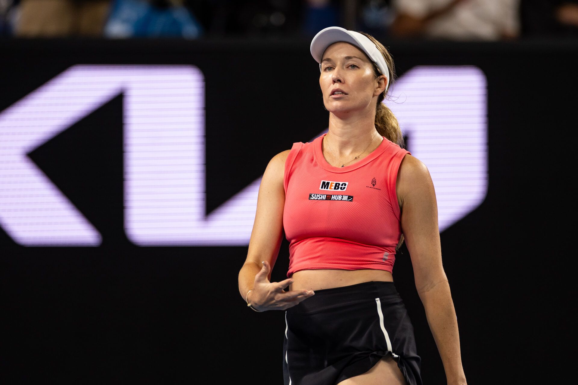 Danielle Collins of United States of America gestures during her match against Destanee Aiava of Australia in the second round of the women's singles at the 2025 Australian Open at Melbourne Park.