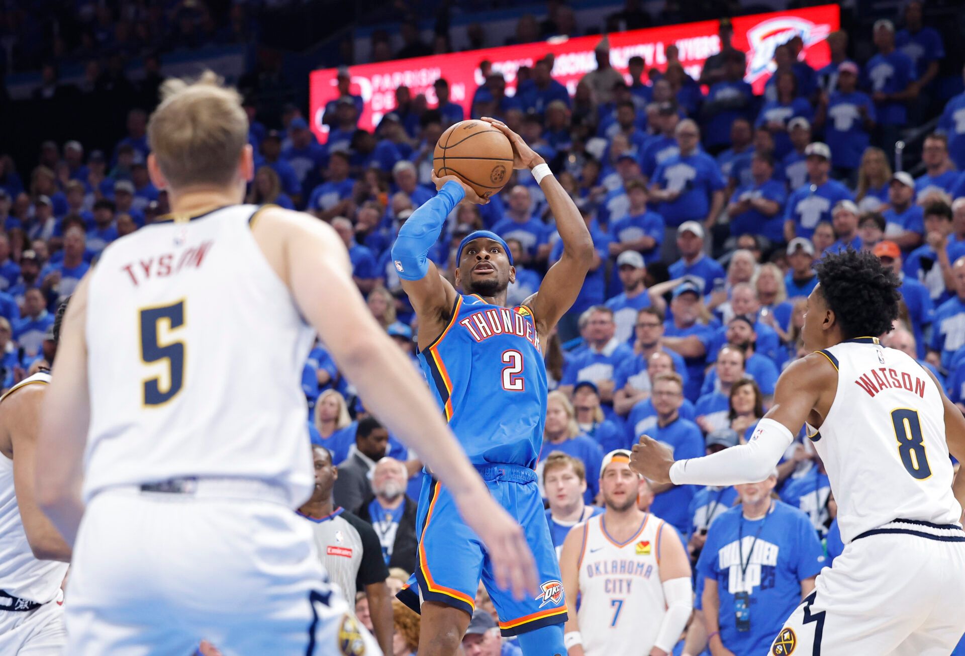 Oklahoma City Thunder guard Shai Gilgeous-Alexander (2) shoots against the Denver Nuggets in the second half during game seven of the second round for the 2025 NBA Playoffs at Paycom Center.