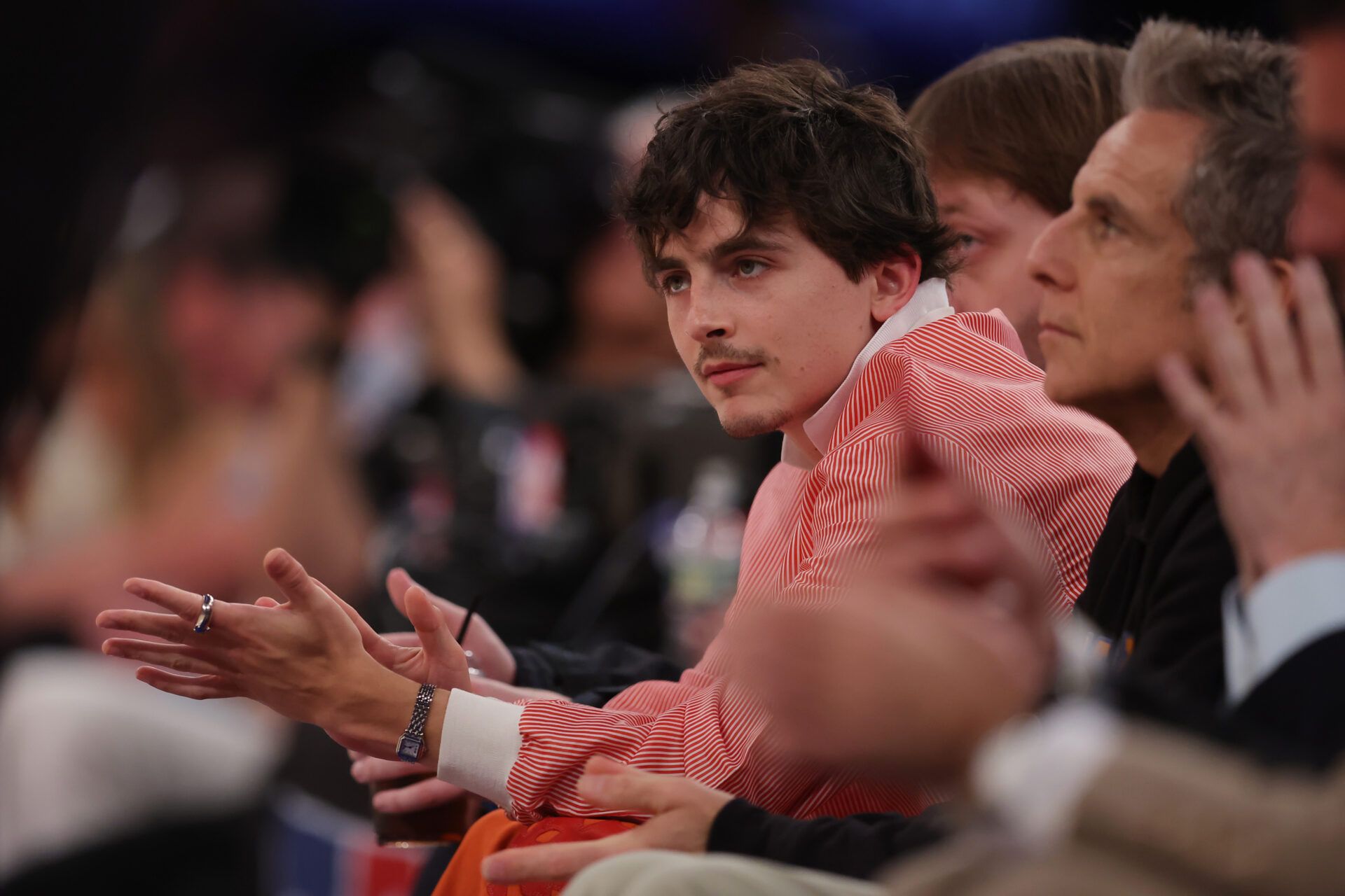 French-American actor Timothee Chalamet looks on in the third quarter between the Indiana Pacers and the New York Knicks during game one of the eastern conference finals for the 2025 NBA Playoffs at Madison Square Garden.