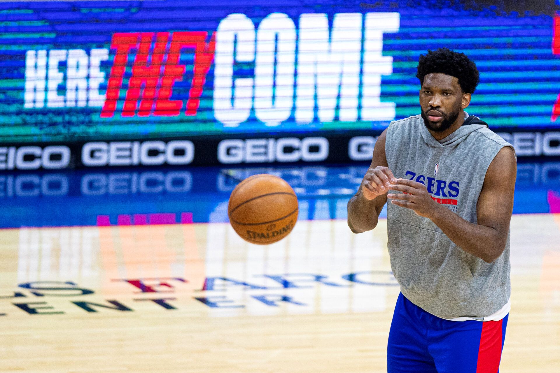 Philadelphia 76ers center Joel Embiid warms up before a game against the Miami Heat at Wells Fargo Center.