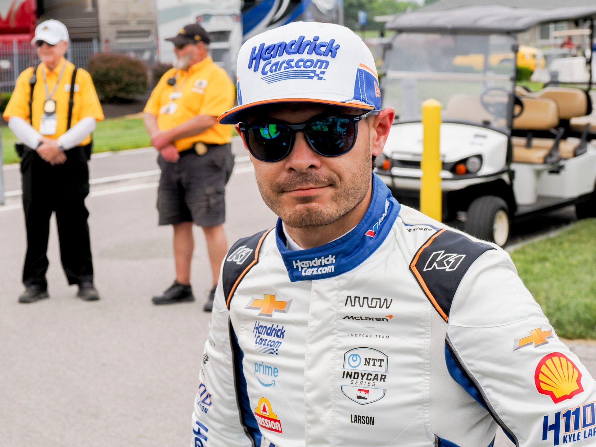 Arrow McLaren driver Kyle Larson (17) talks outside the medical facility Friday, May 16, 2025, during Fast Friday ahead of the 109th running of the Indianapolis 500 at Indianapolis Motor Speedway.