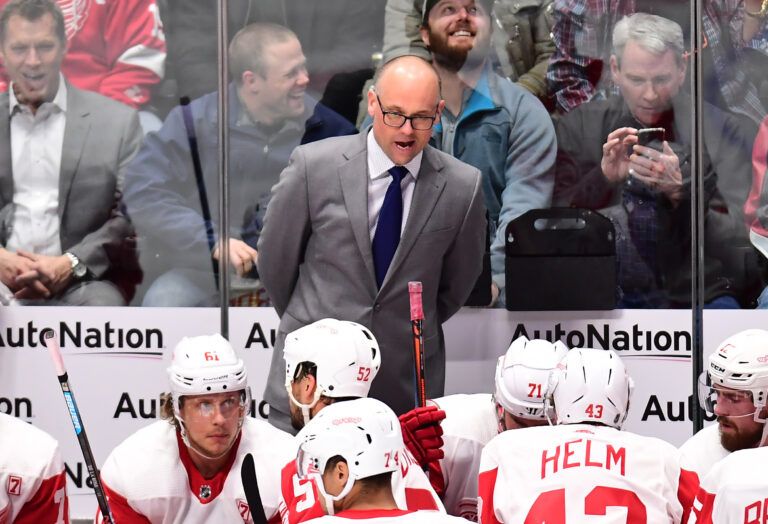 Detroit Red Wings head coach Jeff Blashill reacts during the second period against the Colorado Avalanche at the Pepsi Center.