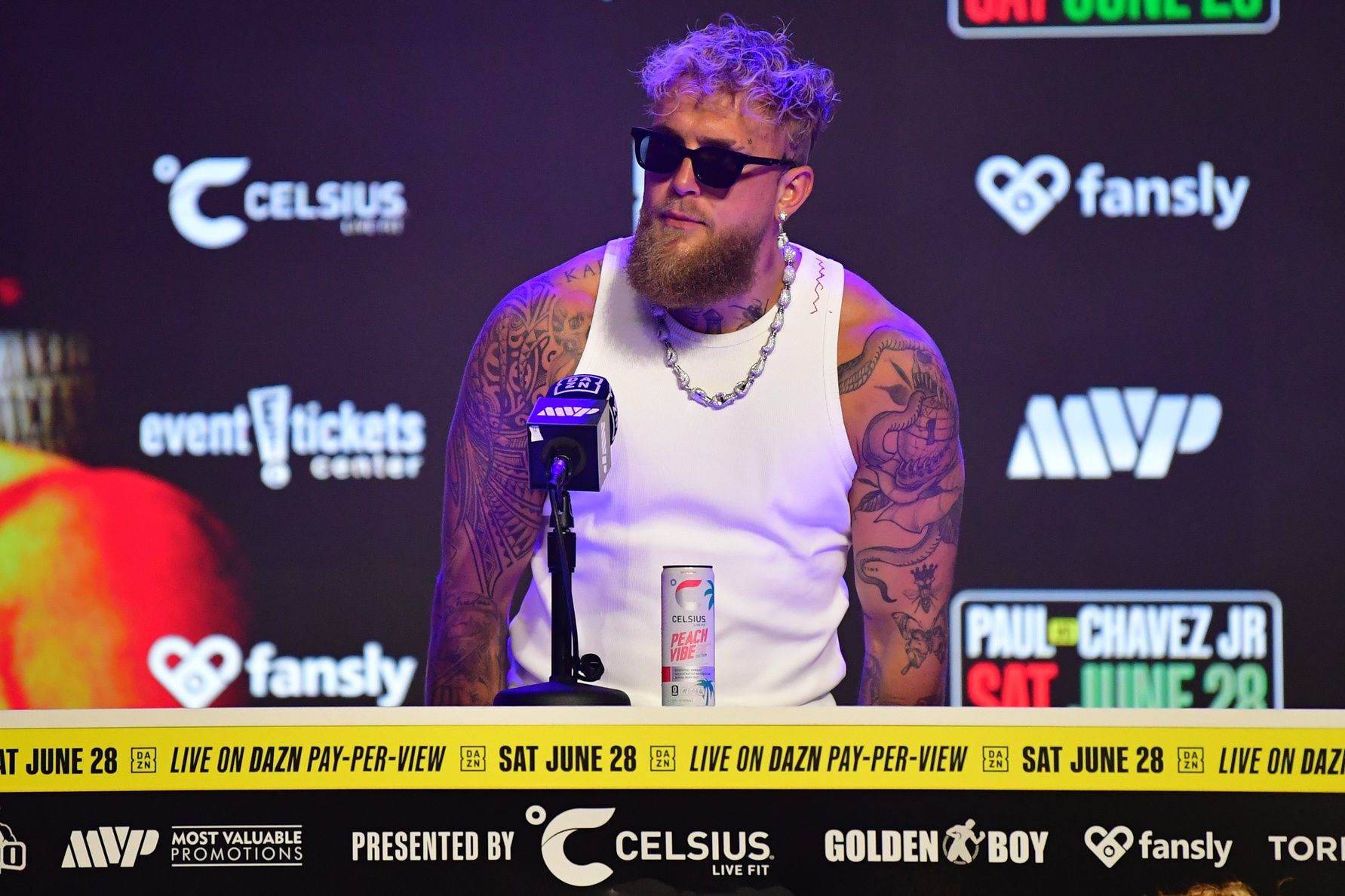 Jake Paul during press conference in anticipation of his fight against Julio Cesar Chavez Jr. at Avalon Hollywood Theater.