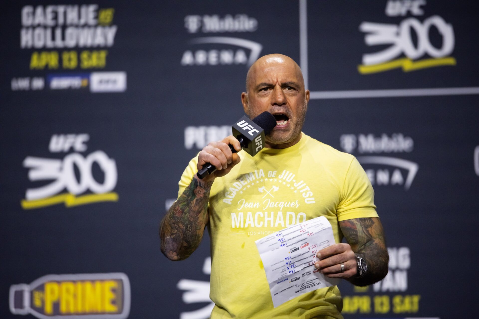UFC announcer Joe Rogan during ceremonial weigh ins for UFC 300 at MGM Grand Garden Arena.