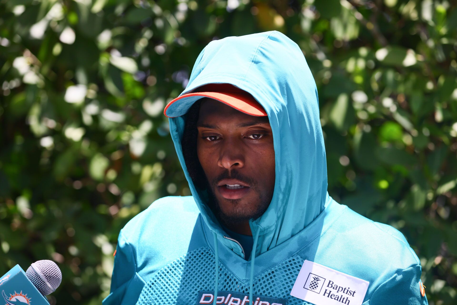 Miami Dolphins cornerback Jalen Ramsey (5) speaks to reporters during mandatory minicamp at Baptist Health Training Complex.