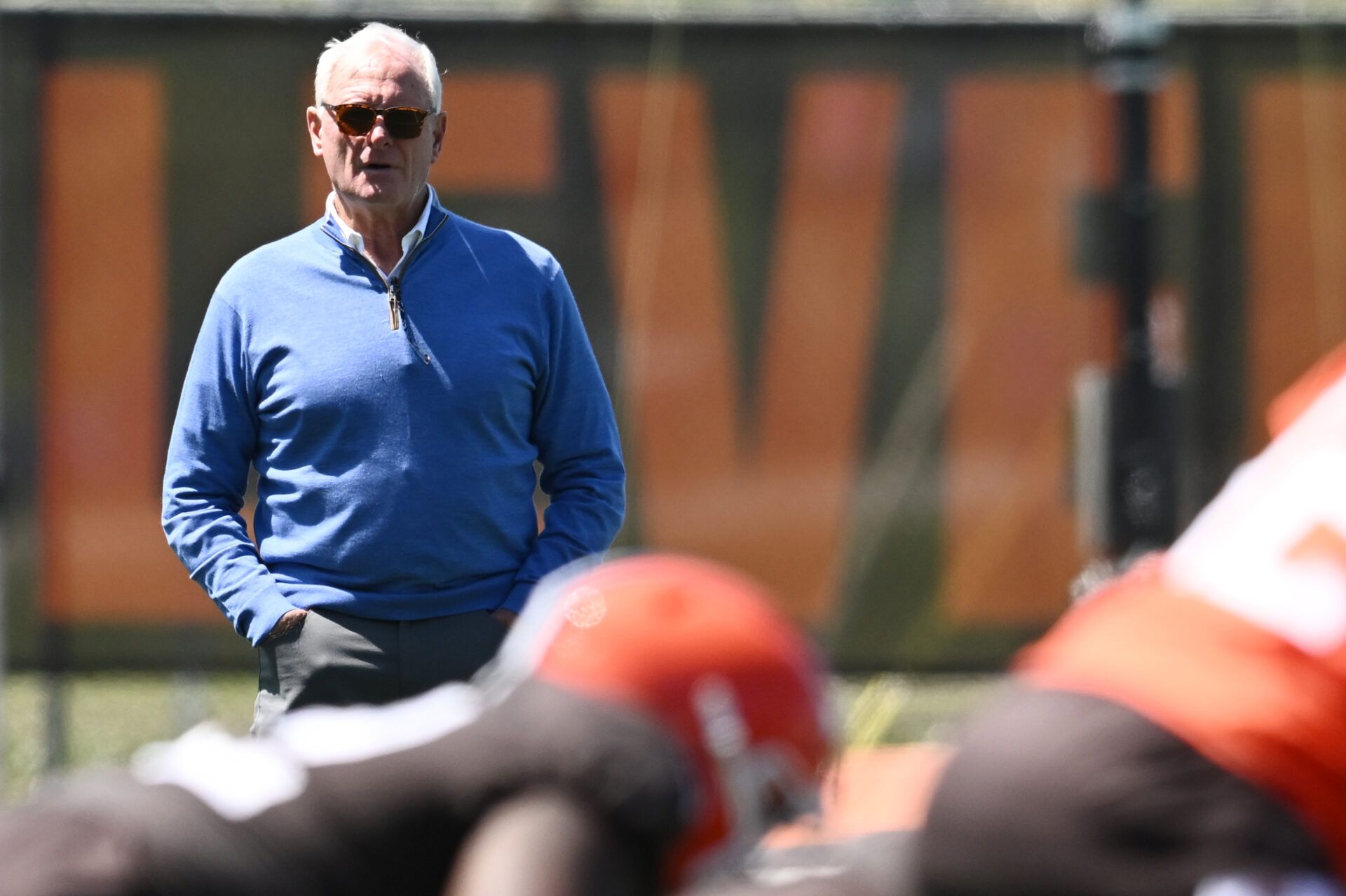 Cleveland Browns managing and principal partner Jimmy Haslam watches during rookie minicamp at CrossCountry Mortgage Campus.