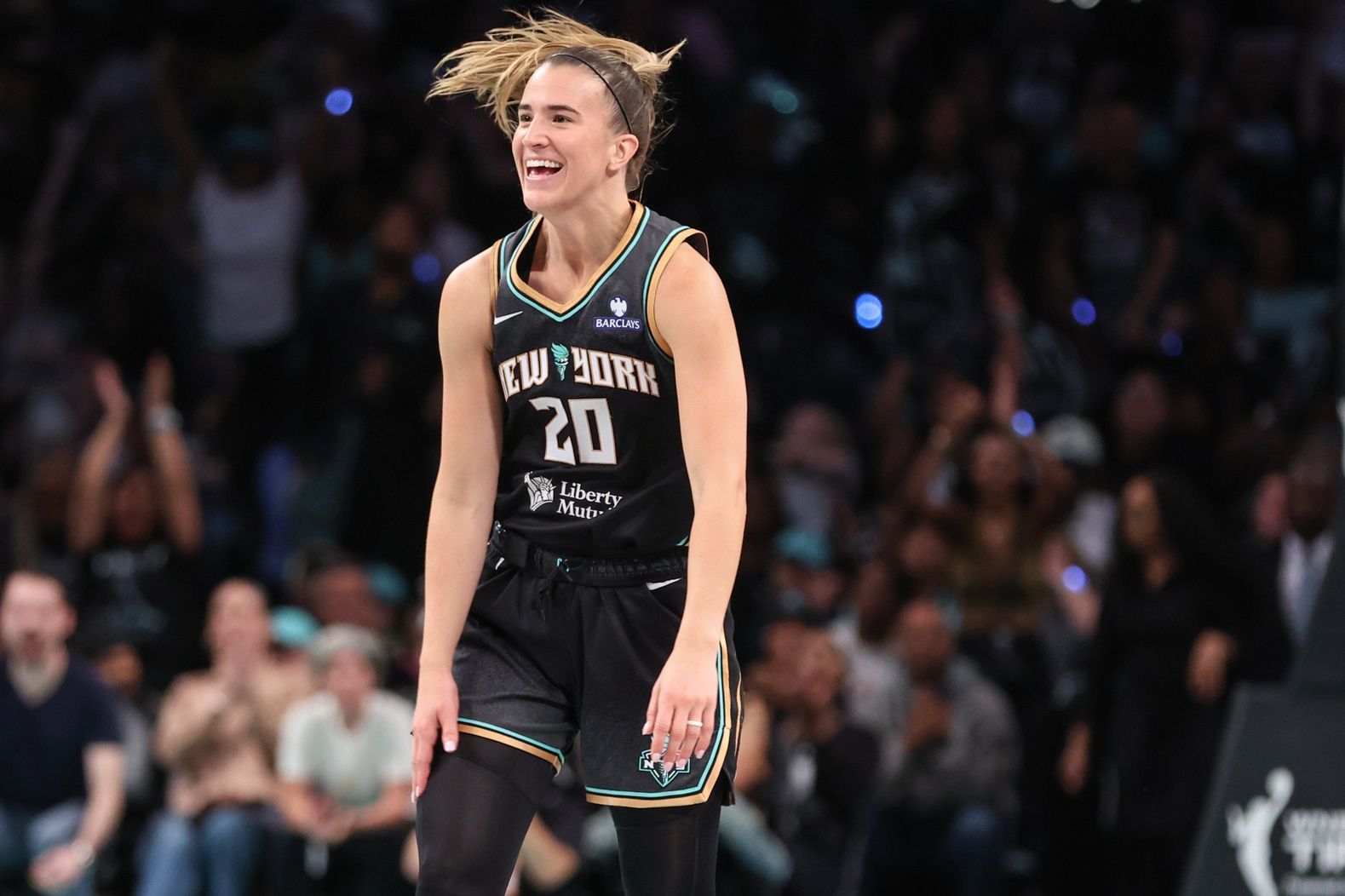 New York Liberty guard Sabrina Ionescu (20) celebrates after getting fouled on a made basket in the fourth quarter against the Las Vegas Aces at Barclays Center.