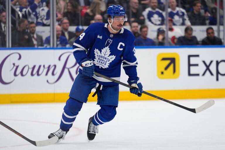 Toronto Maple Leafs forward Auston Matthews (34) skates against the Ottawa Senators during the third period of game one of the first round of the 2025 Stanley Cup Playoffs at Scotiabank Arena.