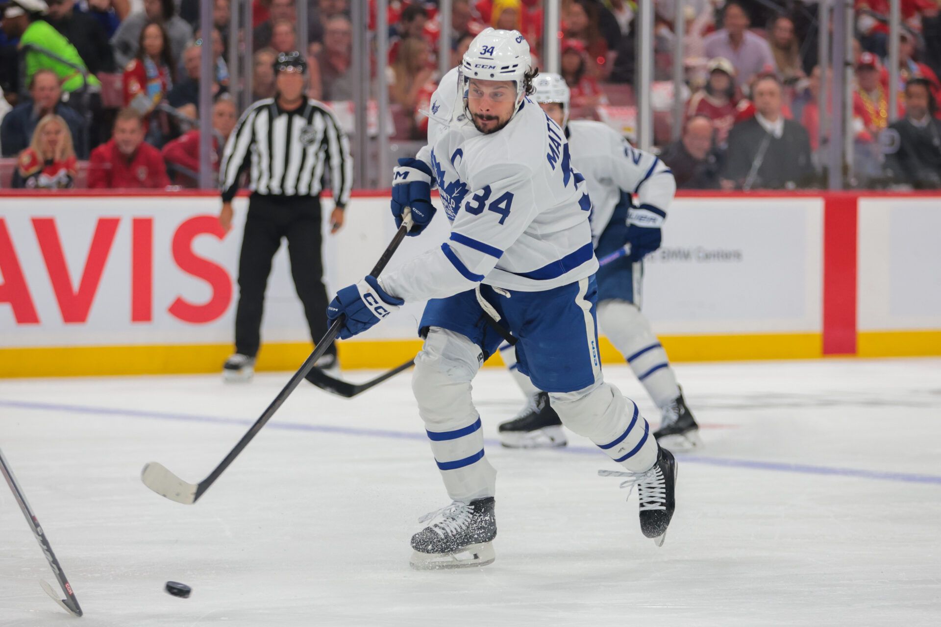 Toronto Maple Leafs center Auston Matthews (34) shoots the puck against the Florida Panthers during the first period in game six of the second round of the 2025 Stanley Cup Playoffs at Amerant Bank Arena.