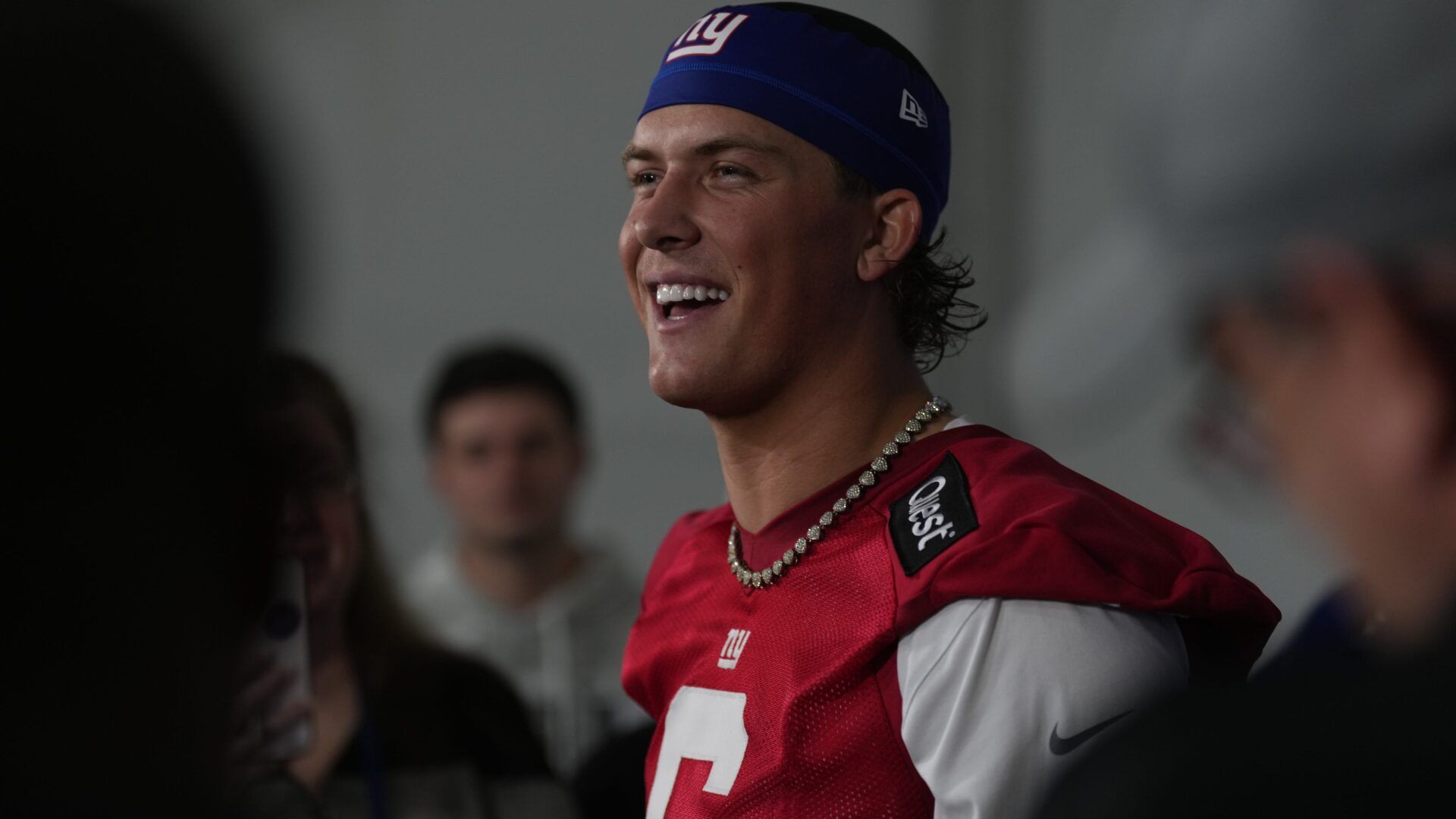 Eat Rutherford, NJ -- May 9, 2025 -- Jaxson Dart talks to the media following practice at Giants Rookie Minicamp.