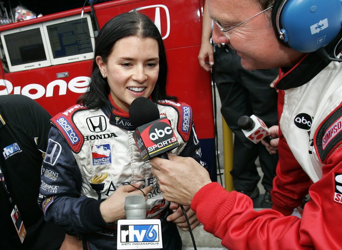 Indy car driver Danica Patrick is all smiles while being interviewed about her fourth place finish in Sunday's Indianapolis 500 on May 30, 2005. Patrick became the first woman to lead a lap during the Indy 500.