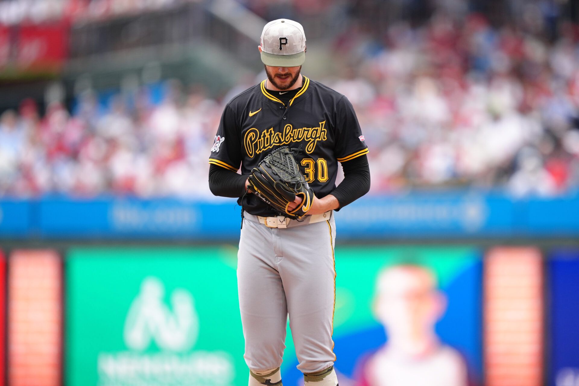 Pittsburgh Pirates starting pitcher Paul Skenes (30) stands on the mound against the Philadelphia Phillies in the third inning at Citizens Bank Park.