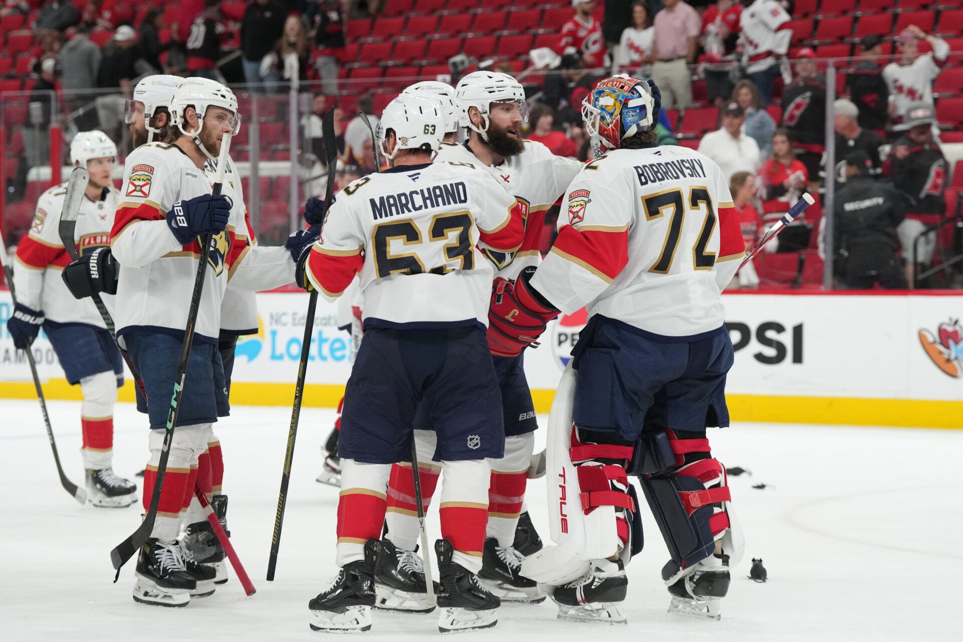 Florida Panthers celebrate the win against the Carolina Hurricanes in game two of the Eastern Conference Final of the 2025 Stanley Cup Playoffs at Lenovo Center.