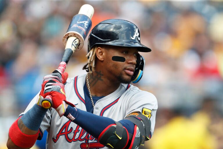 Atlanta Braves right fielder Ronald Acua Jr. (13) in the on-deck circle against the Pittsburgh Pirates during the first inning at PNC Park.
