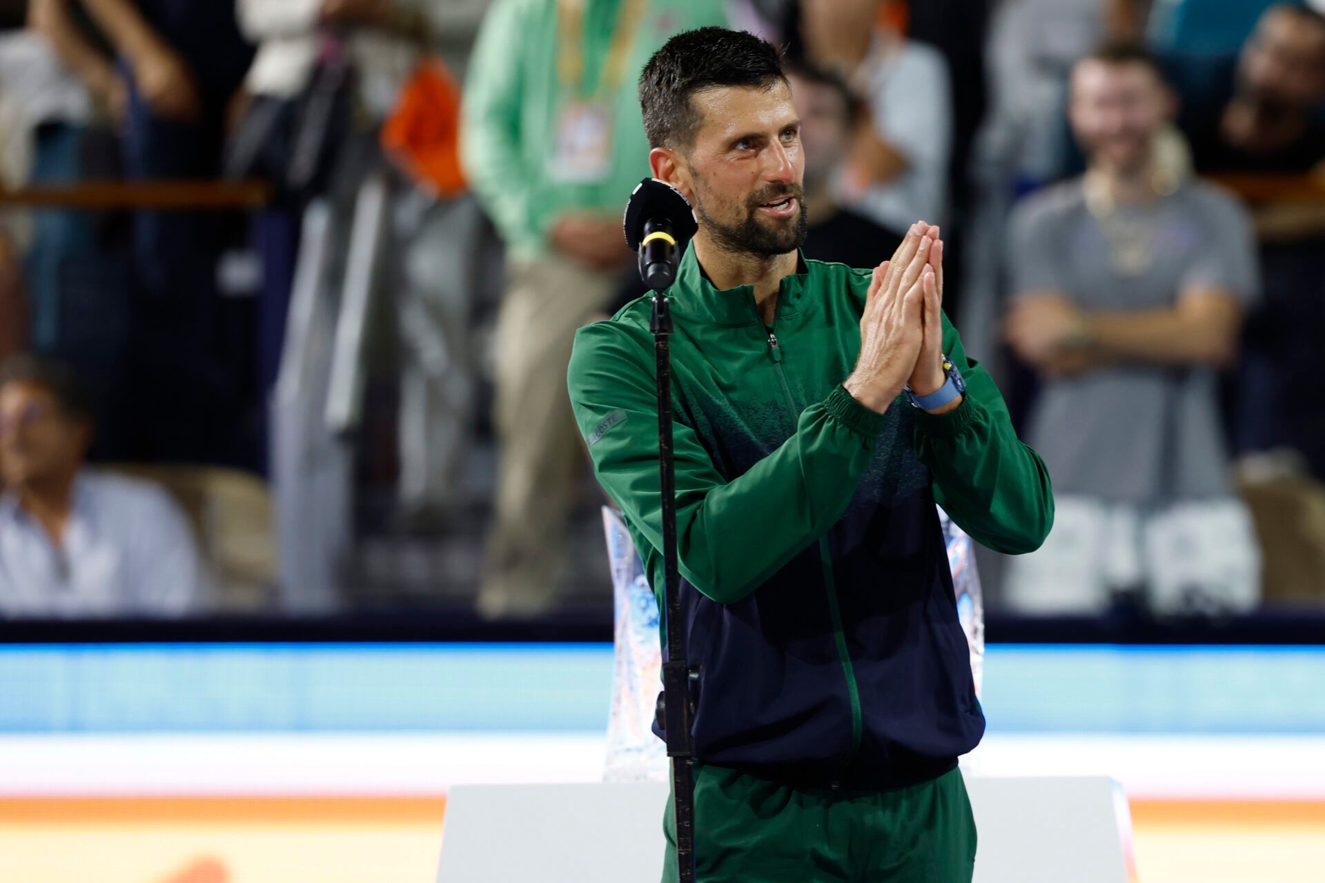 Novak Djokovic (SRB) speaks during the trophy ceremony after his match against Jakub Mensik (CZE)(not pictured) in the men's singles championship of the Miami Open at Hard Rock Stadium.