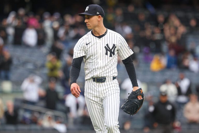 New York Yankees relief pitcher Luke Weaver (30) reacts after closing the game against the Texas Rangers at Yankee Stadium.