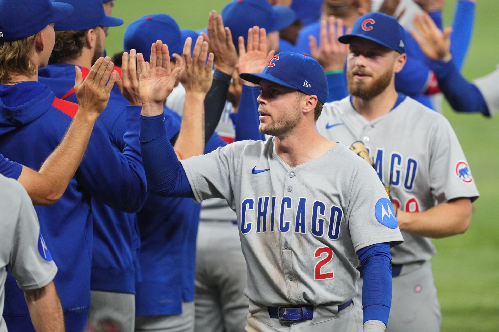 Chicago Cubs second baseman Nico Hoerner (2) celebrates a victory against the Miami Marlins at loanDepot Park.