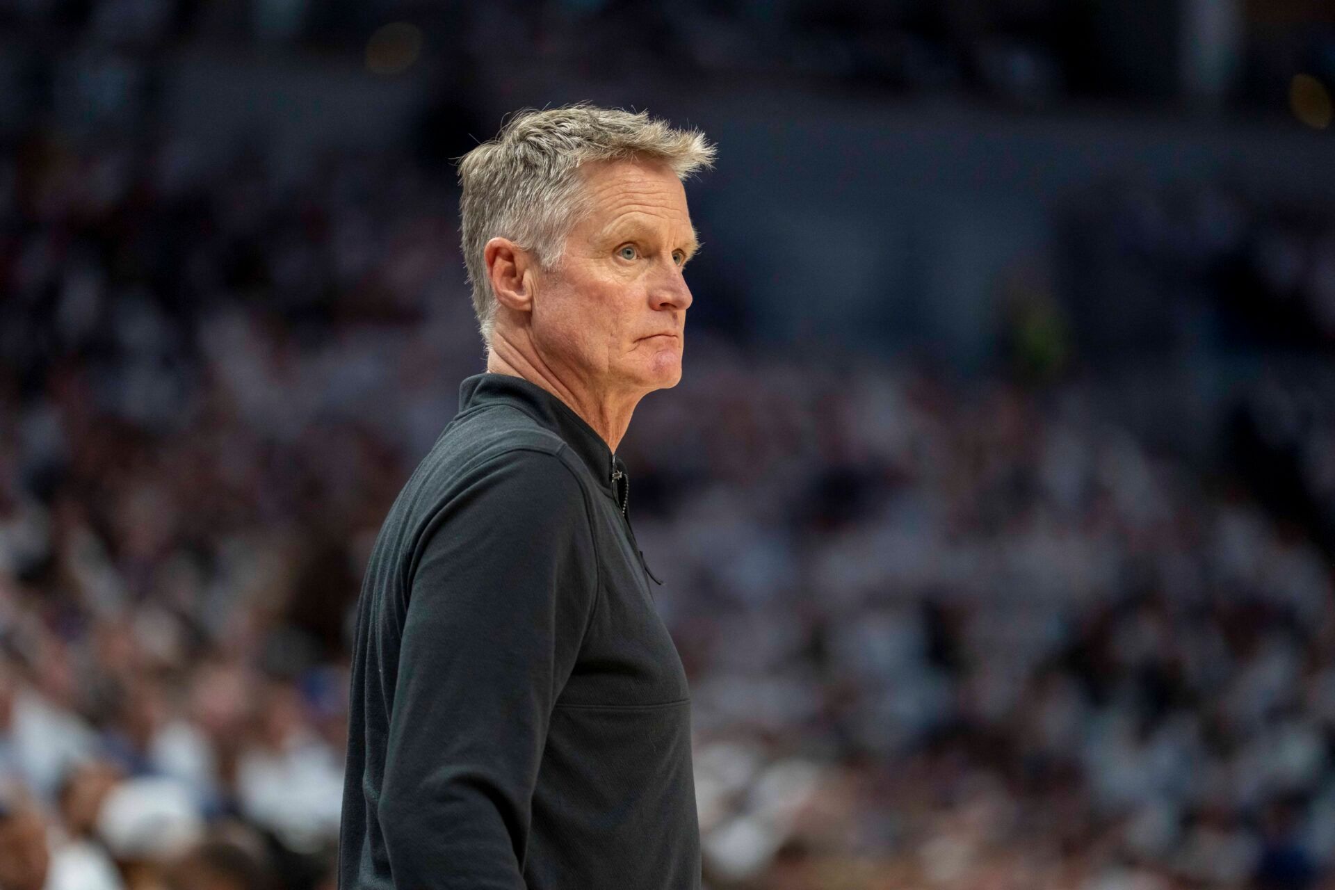 Golden State Warriors head coach Steve Kerr looks on against the Minnesota Timberwolves during game two of the second round for the 2025 NBA Playoffs at Target Center.