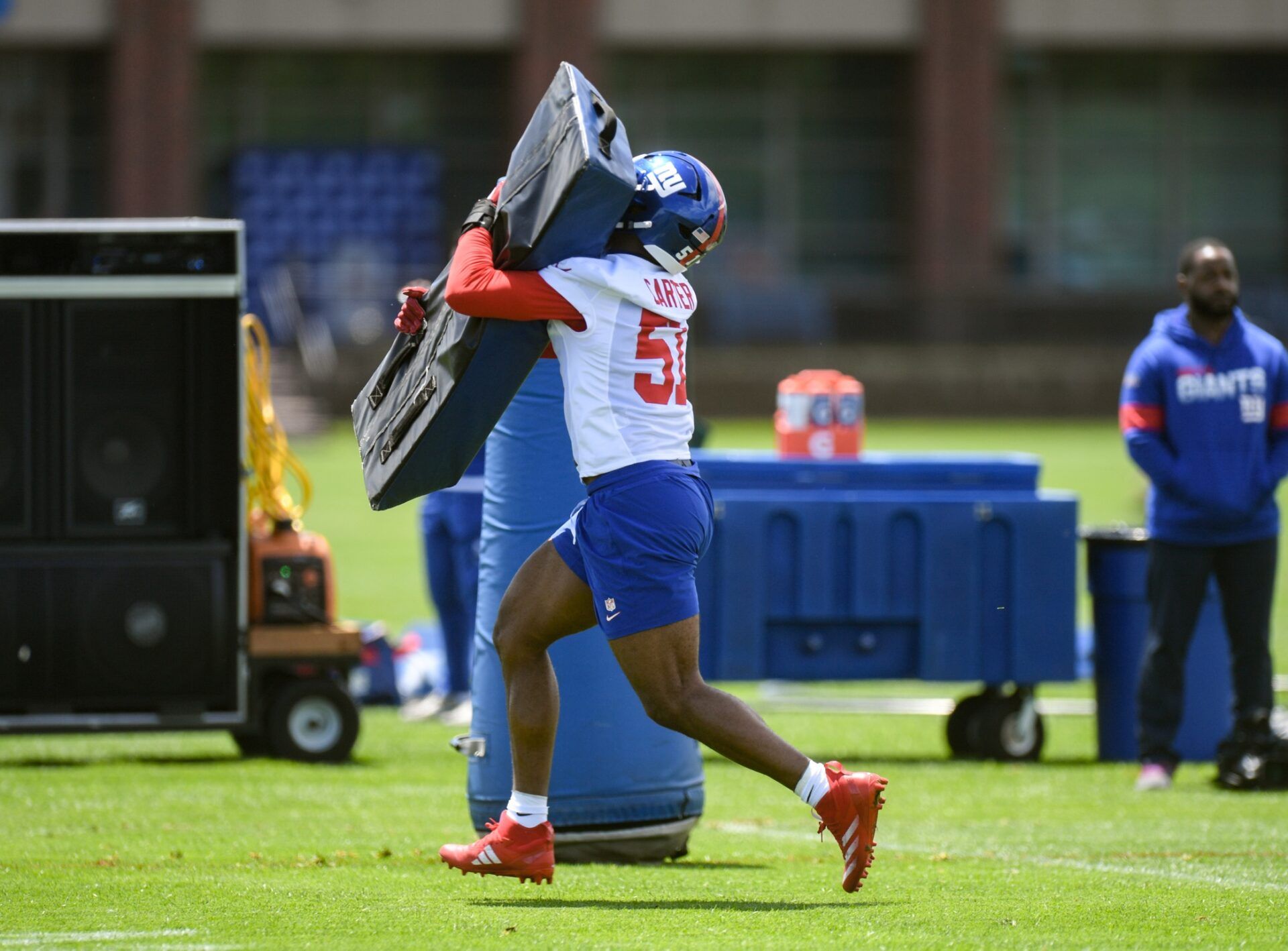New York Giants linebacker Abdul Carter (51) participates in a drill during rookie minicamp at Quest Diagnostics Training Center.