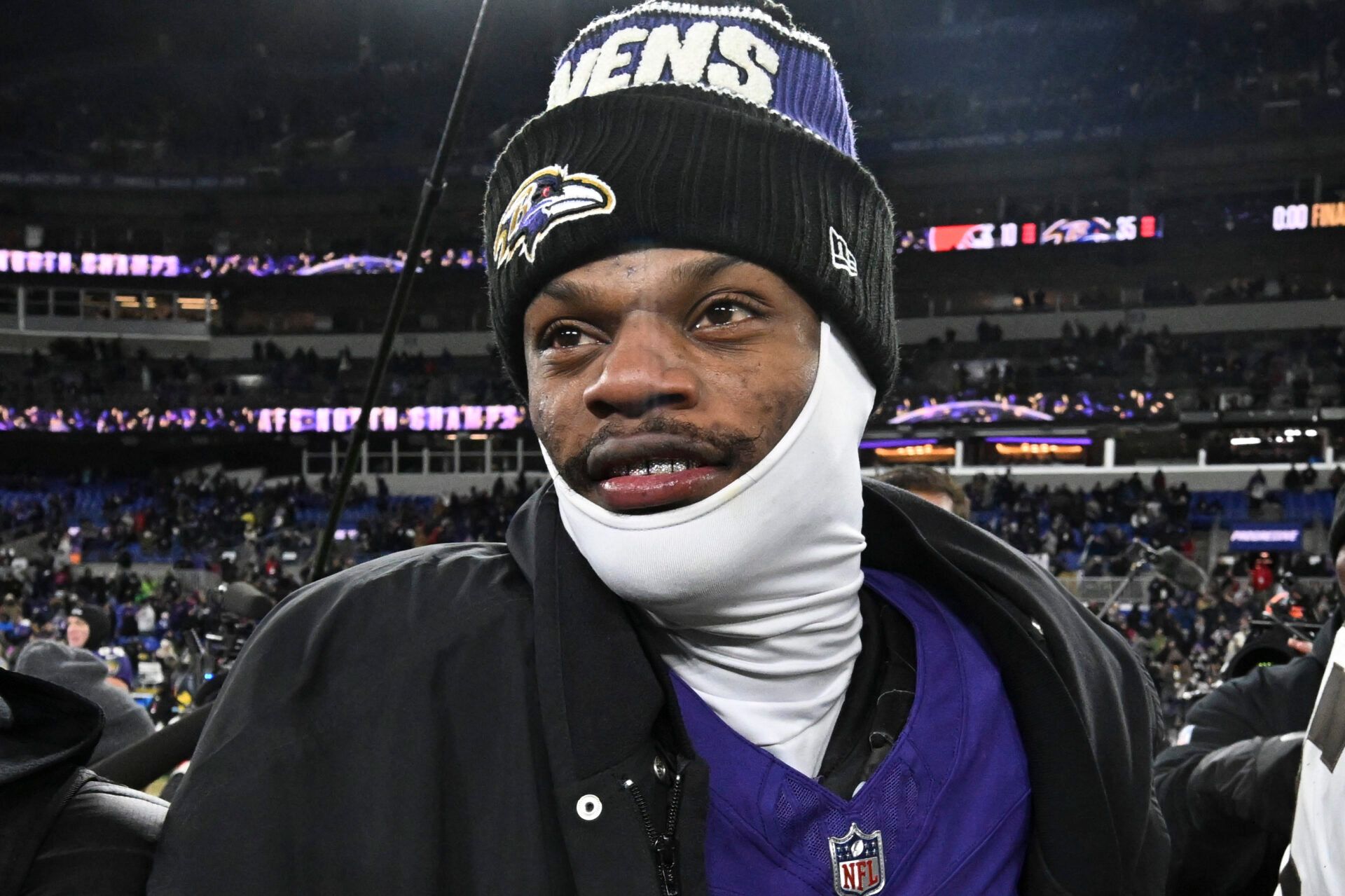 Baltimore Ravens quarterback Lamar Jackson (8) on the field after the game against the Cleveland Browns  at M&T Bank Stadium.