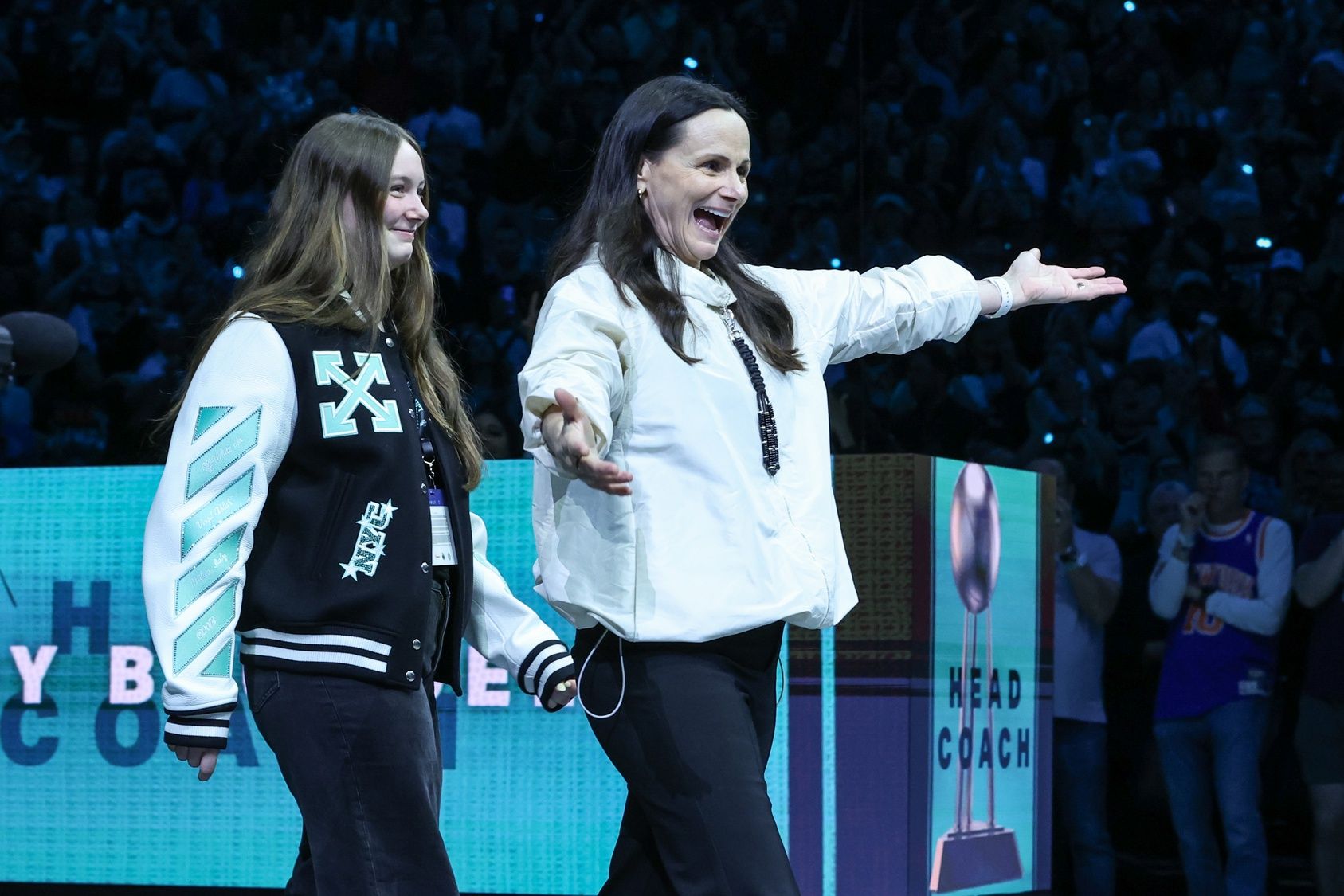New York Liberty head coach Sandy Brondello walks out for the pregame ceremonies prior to the game against the Las Vegas Aces at Barclays Center.
