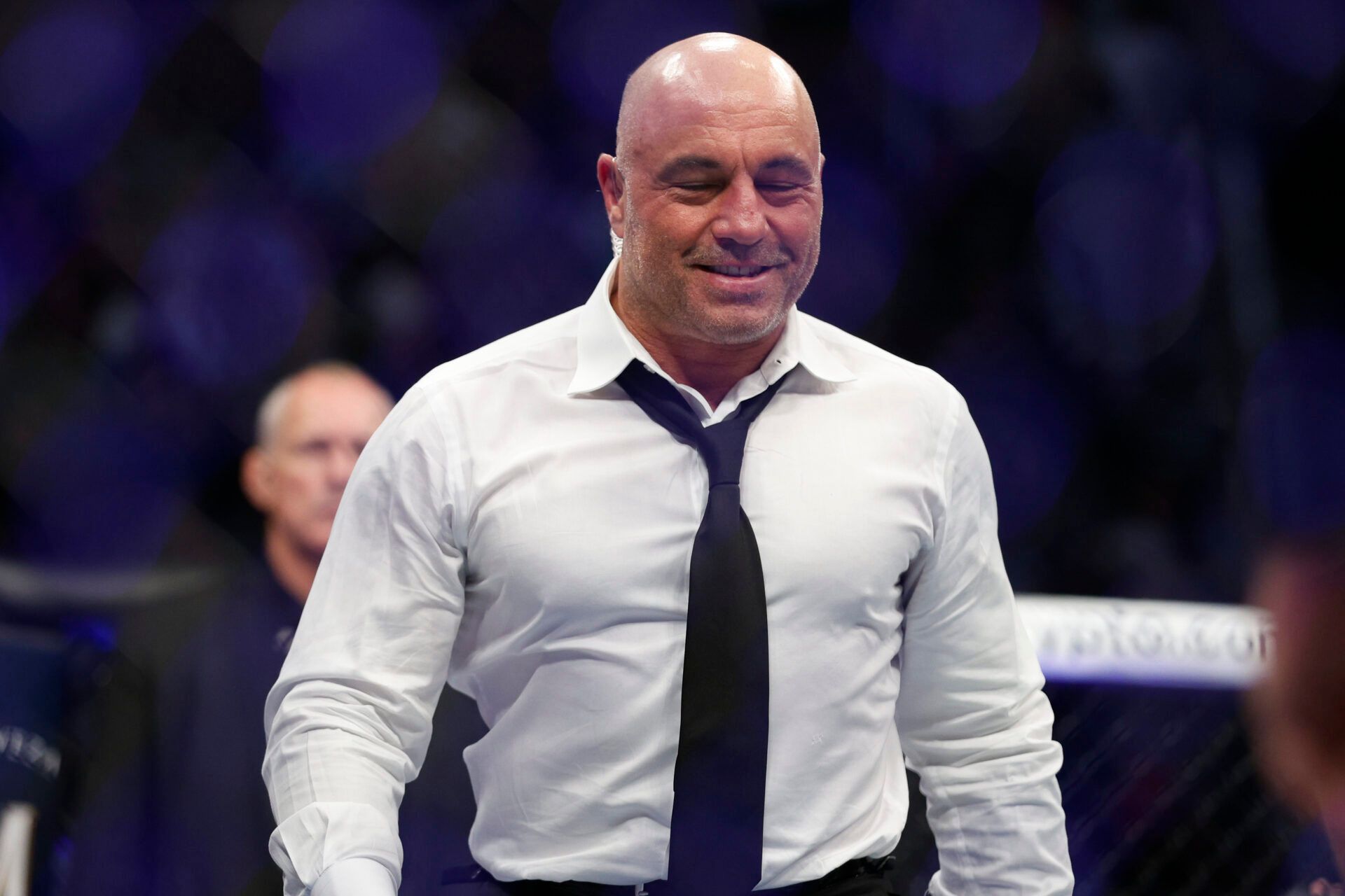 Joe Rogan after the fight between Amir Albazi (red gloves) and Francisco Figueiredo (blue gloves) during UFC 278 at Vivint Arena.