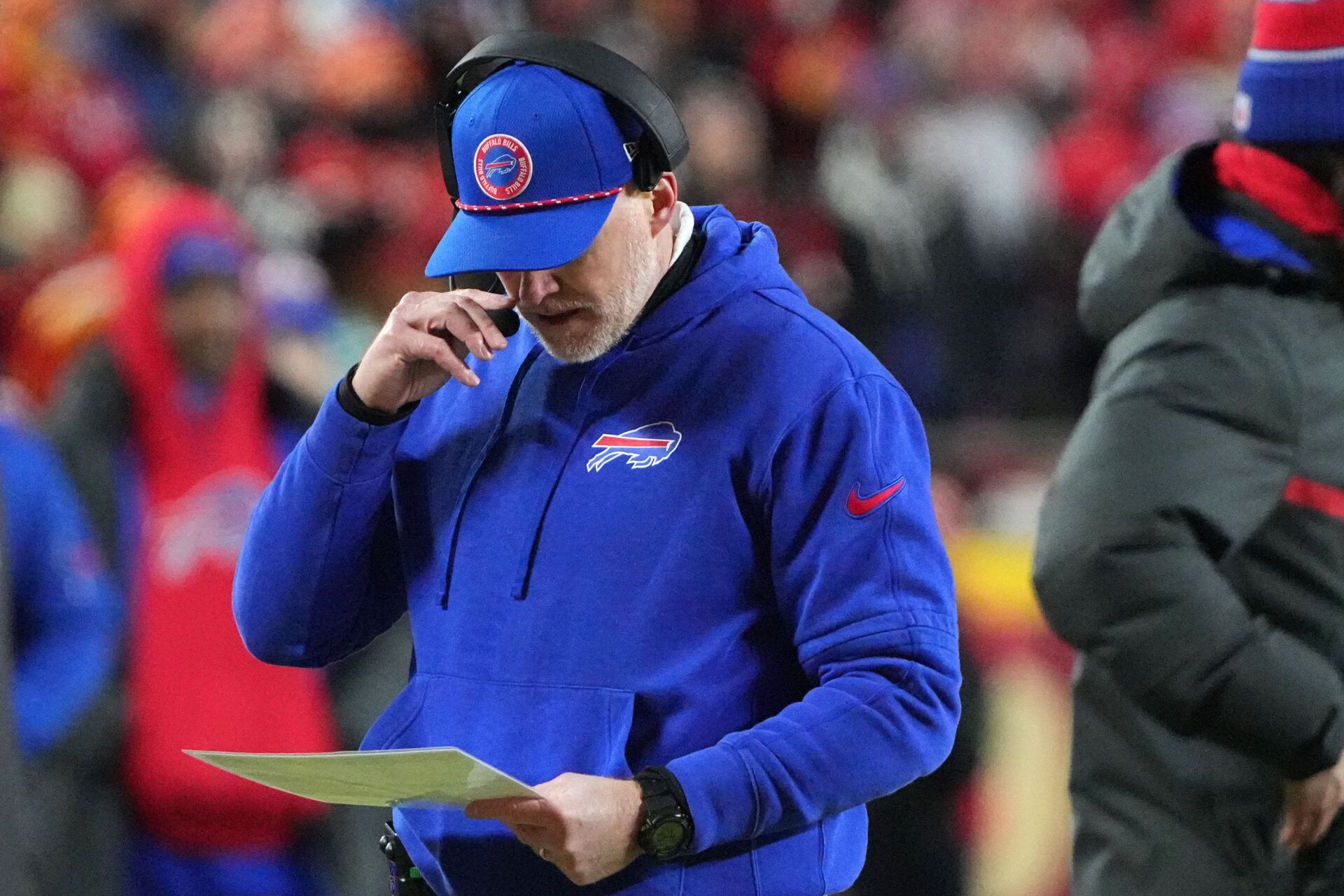 Buffalo Bills head coach Sean McDermott during the first half in the AFC Championship game at GEHA Field at Arrowhead Stadium.