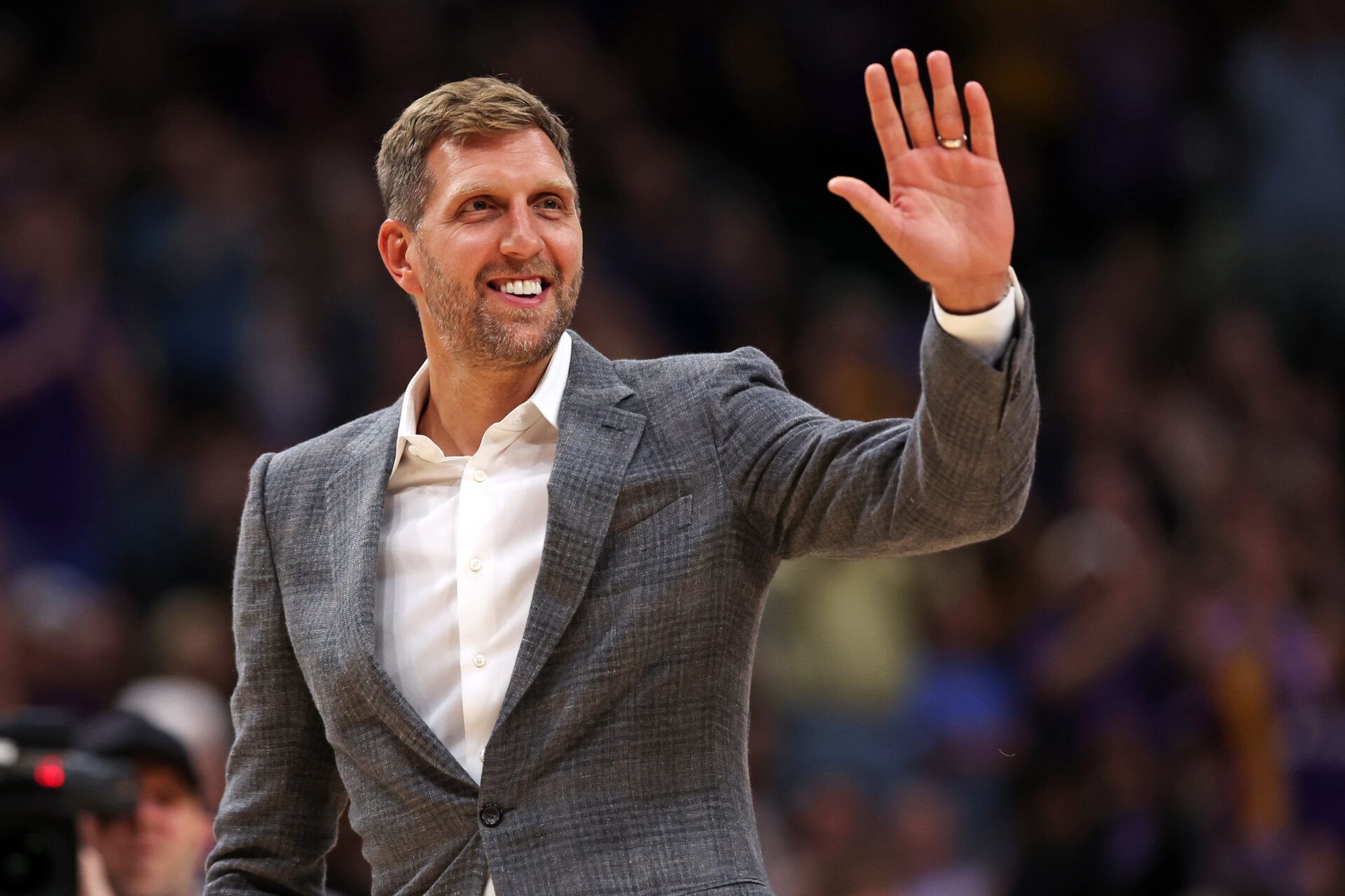 DALLAS, TEXAS - APRIL 02: Former NBA player Dirk Nowitzki reacts during the first half between the LSU Lady Tigers and Iowa Hawkeyes during the 2023 NCAA Women's Basketball Tournament championship game at American Airlines Center on April 02, 2023 in Dallas, Texas. (Photo by Maddie Meyer/Getty Images)
