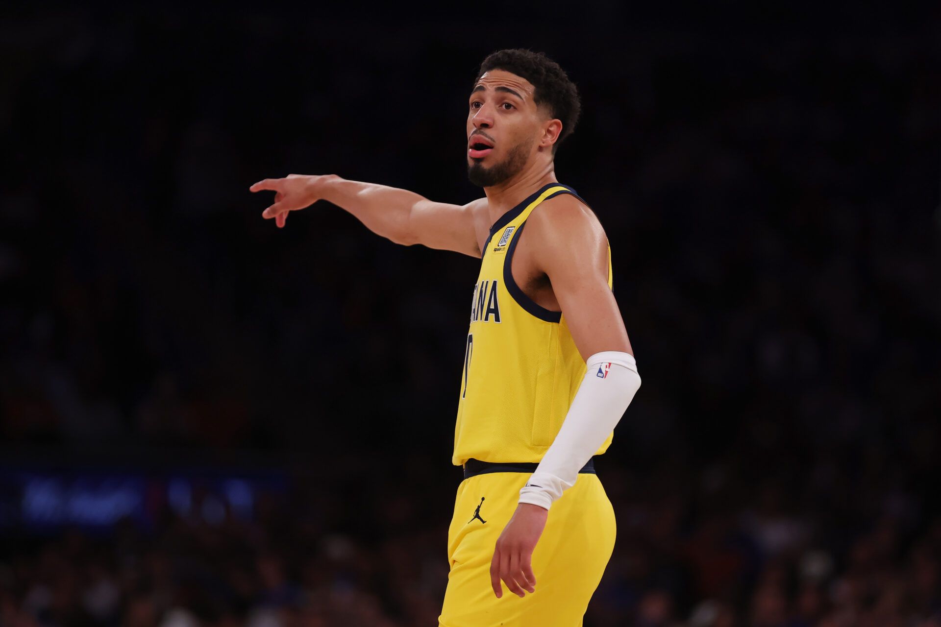 iMay 21, 2025; New York, New York, USA; Indiana Pacers guard Tyrese Haliburton (0) reacts in the third quarter against the New York Knicks during game one of the eastern conference finals for the 2025 NBA Playoffs at Madison Square Garden.