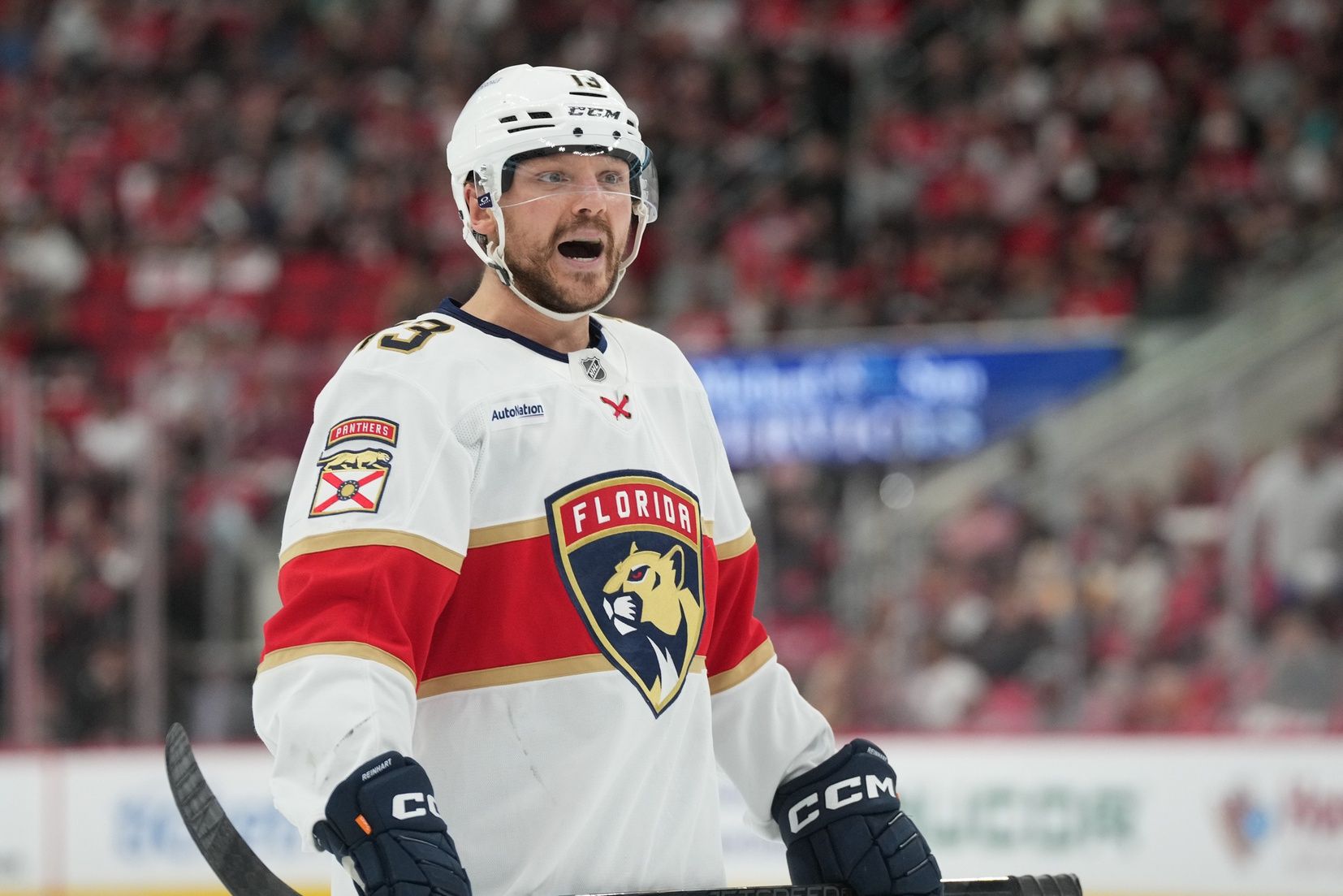 Florida Panthers forward Sam Reinhart (13) reacts during the second period against the Carolina Hurricanes in game one of the Eastern Conference Final of the 2025 Stanley Cup Playoffs at Lenovo Center.