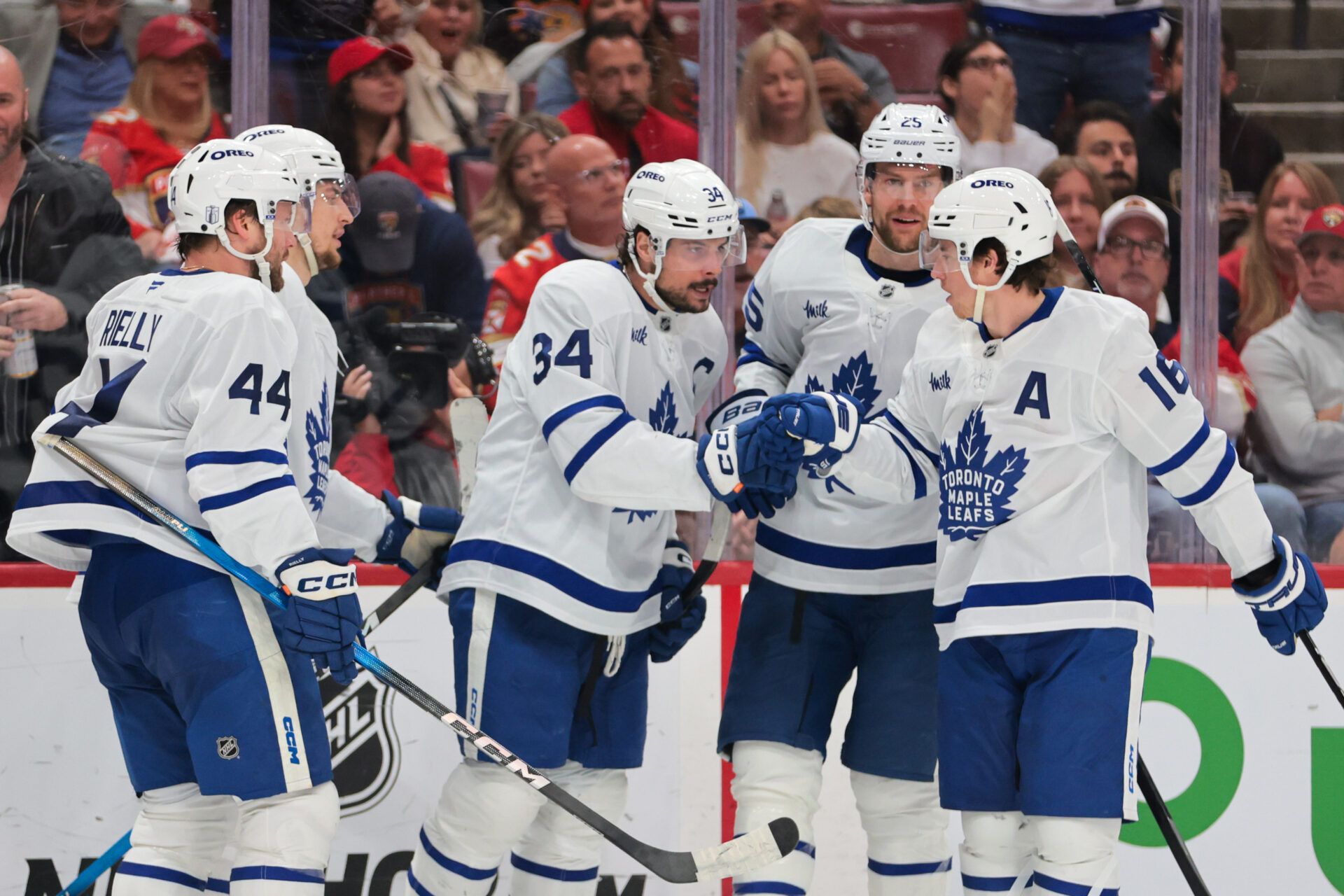 Toronto Maple Leafs center Auston Matthews (34) celebrates with teammates after scoring against the Florida Panthers during the third period in game six of the second round of the 2025 Stanley Cup Playoffs at Amerant Bank Arena.