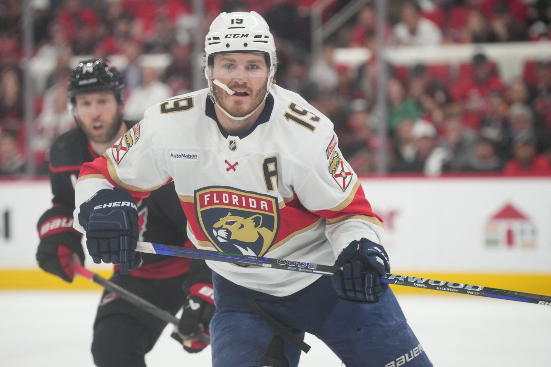 Florida Panthers forward Matthew Tkachuk (19) skates against Carolina Hurricanes during the third period in game two of the Eastern Conference Final of the 2025 Stanley Cup Playoffs at Lenovo Center.