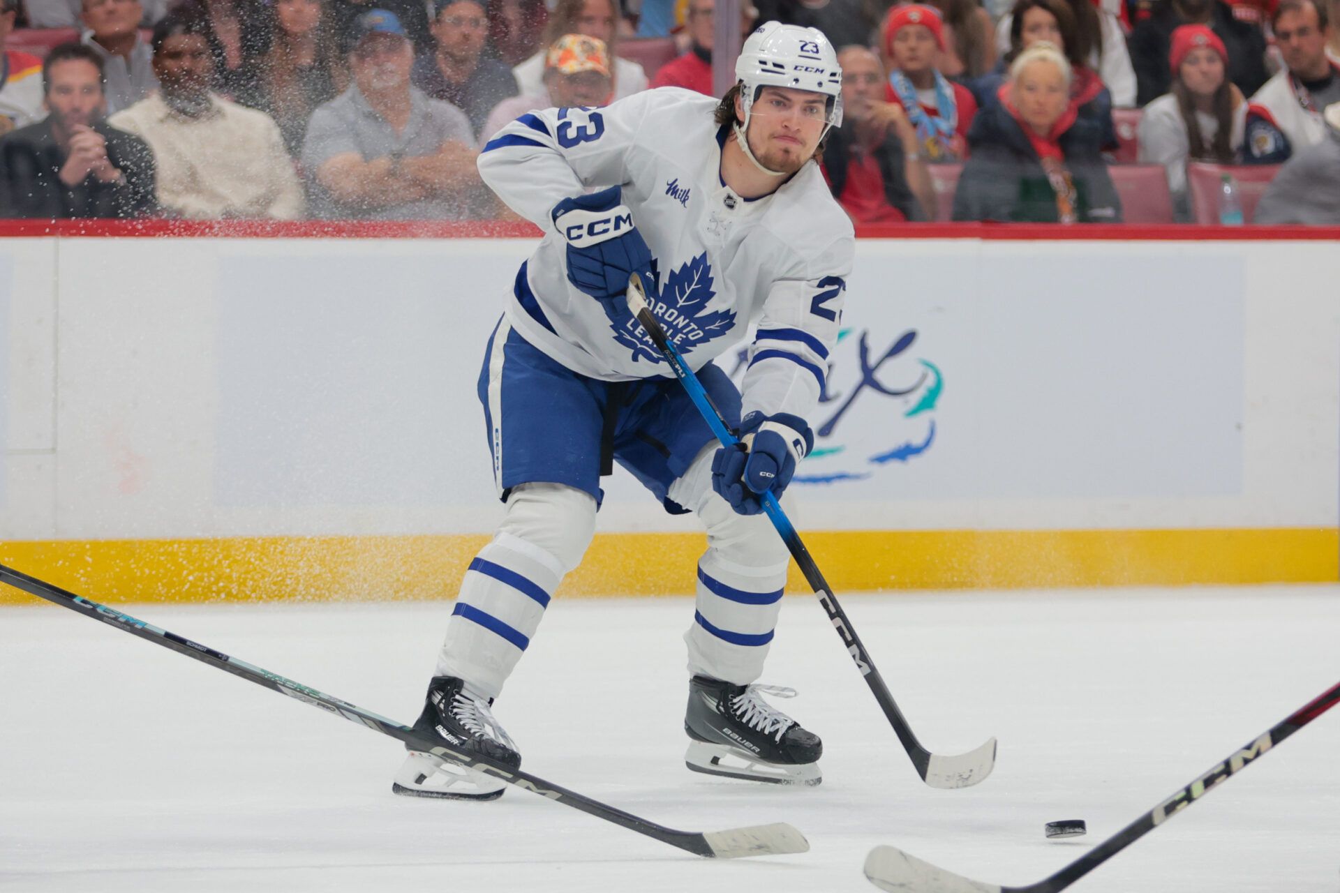 Toronto Maple Leafs left wing Matthew Knies (23) moves the puck against the Florida Panthers during the first period in game three of the second round of the 2025 Stanley Cup Playoffs at Amerant Bank Arena.