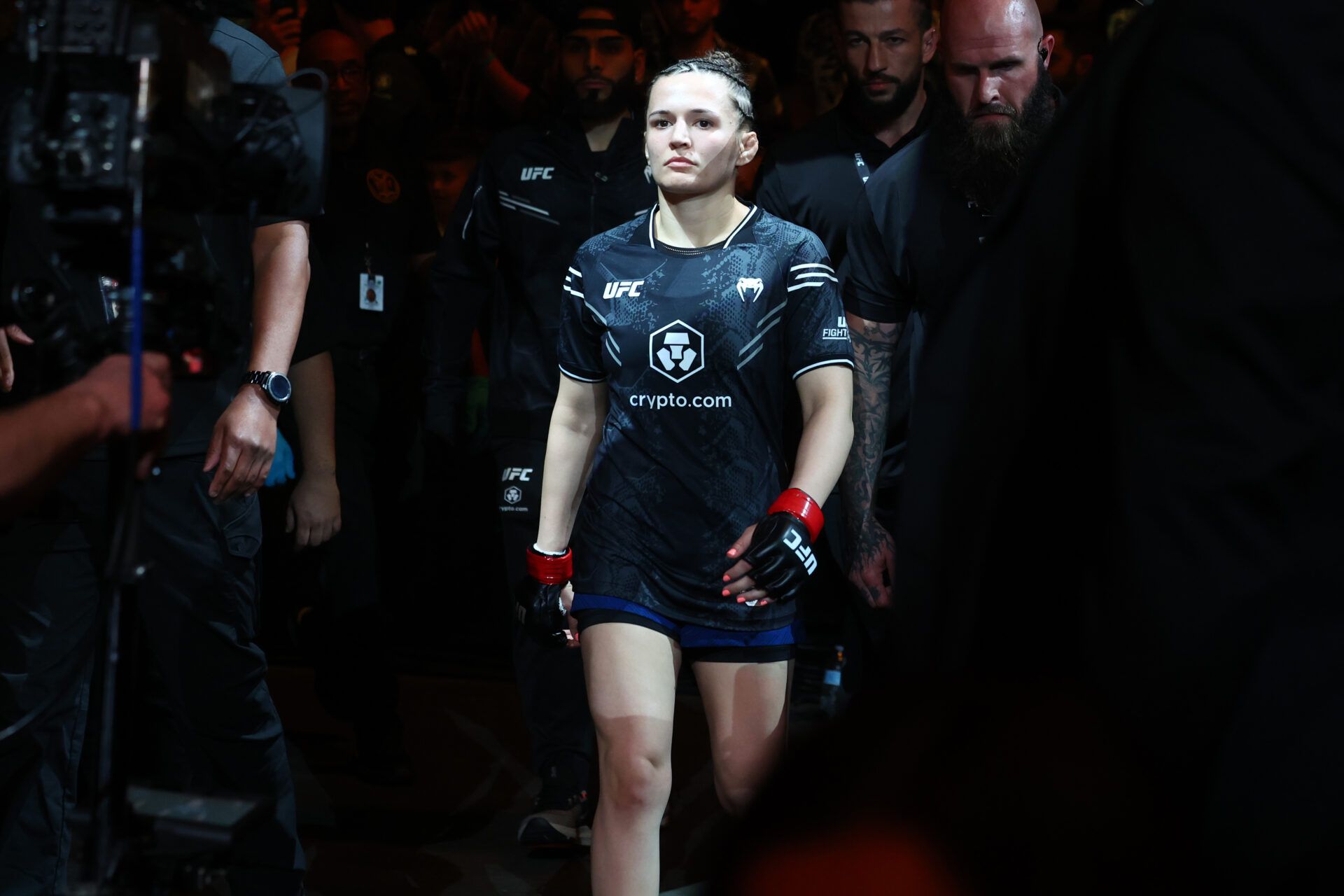 Erin Blanchfield (red gloves) walks to the Octagon to fight Manon Fiorot (not pictured) during UFC Fight Night at Boardwalk Hall.