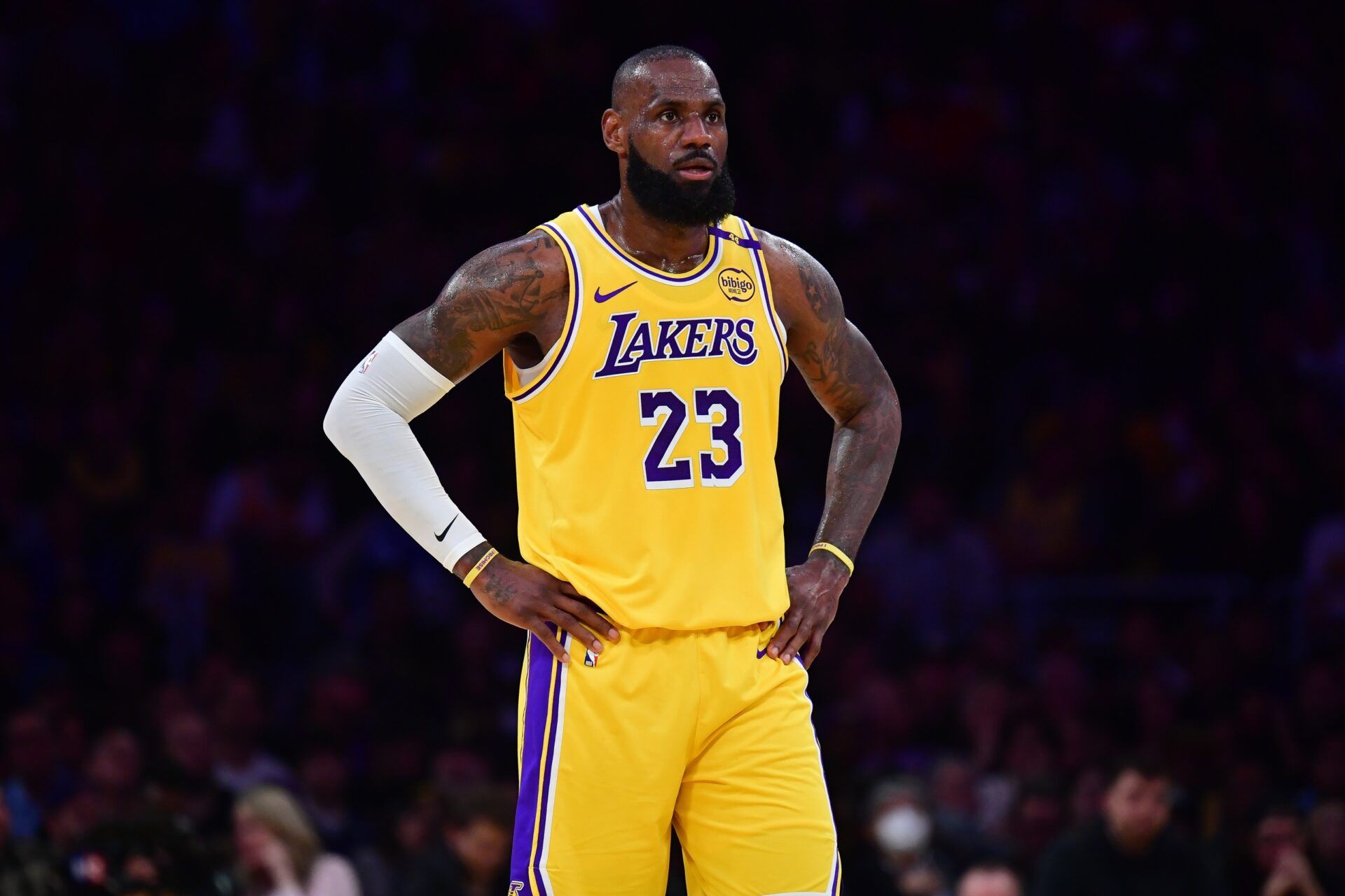 Los Angeles Lakers forward LeBron James (23) reacts during the first half in game five of first round for the 2025 NBA Playoffs at Crypto.com Arena.