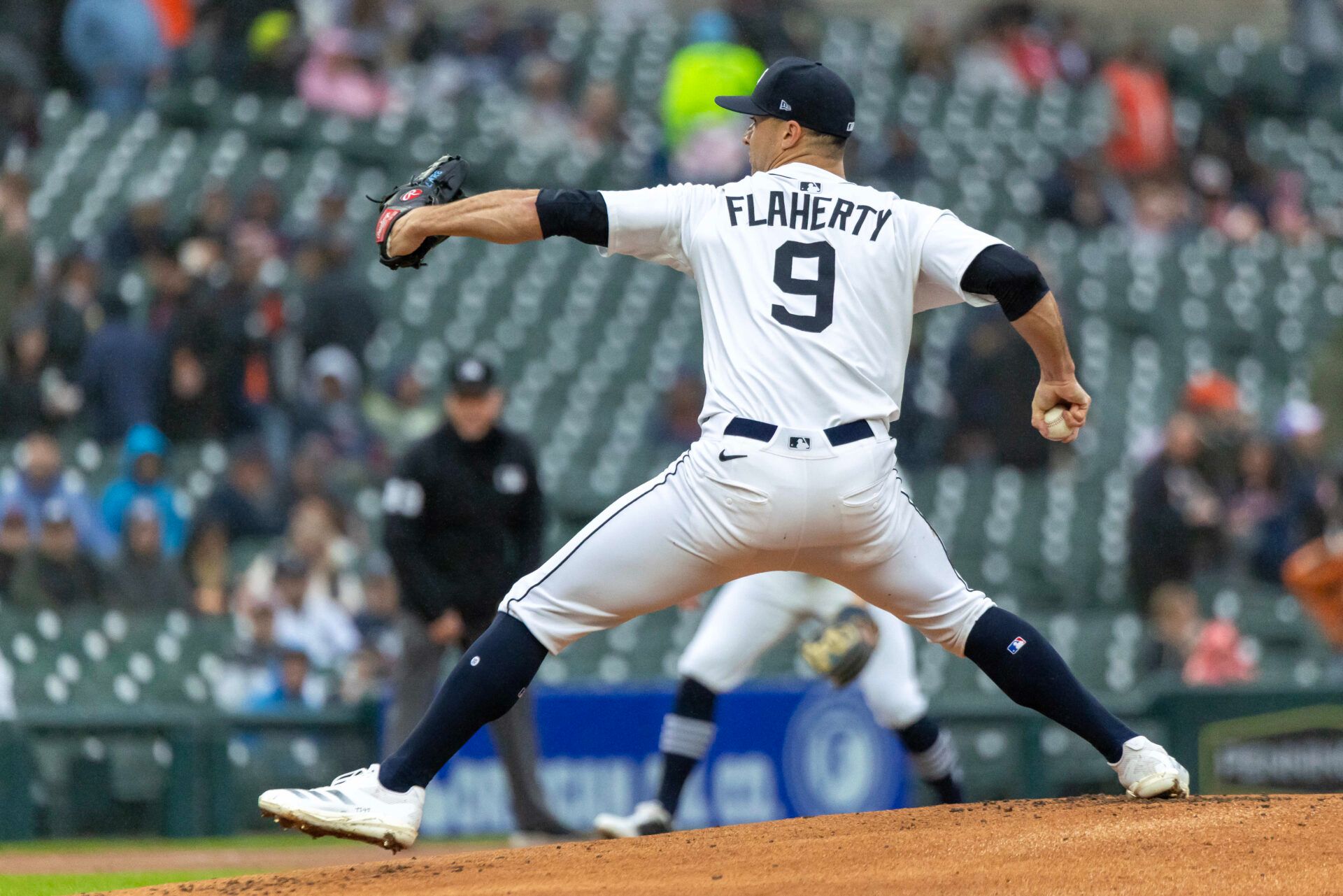 Detroit Tigers pitcher Jack Flaherty (9) delivers in the first inning against the Cleveland Guardians at Comerica Park.