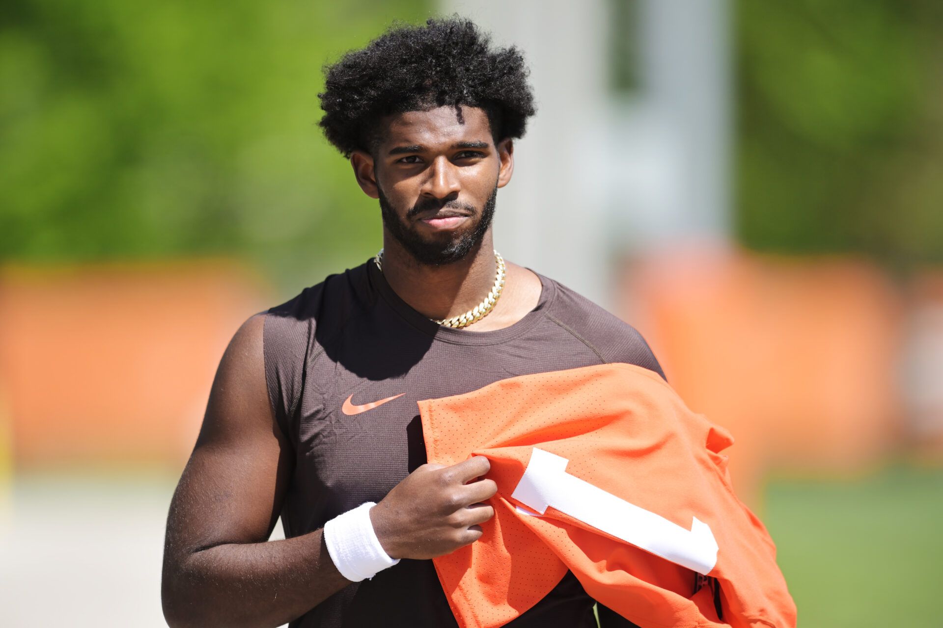 Cleveland Browns quarterback Shedeur Sanders (12) walks off the field after rookie minicamp at CrossCountry Mortgage Campus.