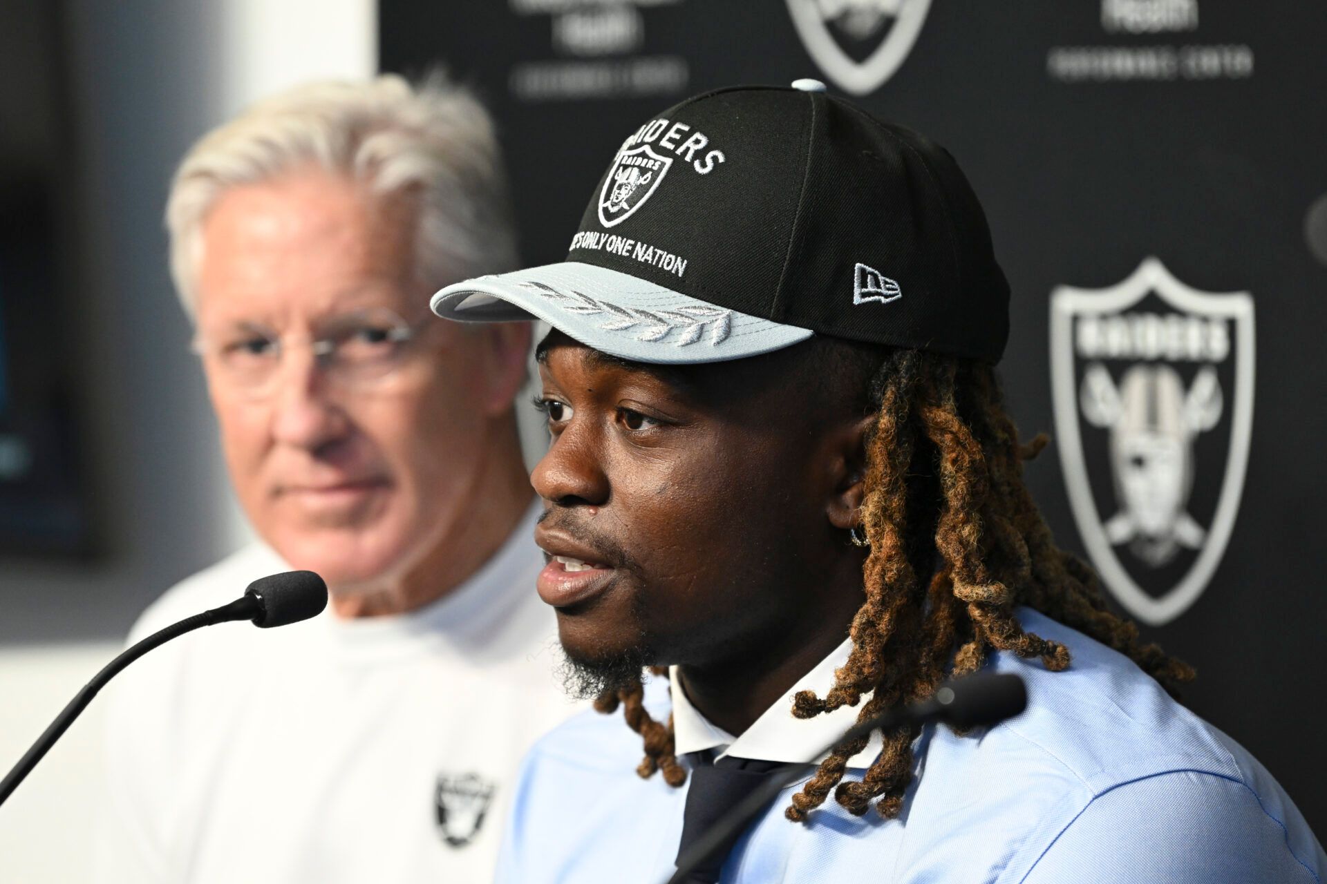 Las Vegas Raiders first round draft pick in the 2025 NFL Draft Ashton Jeanty, speaks to the media at Intermountain Health Performance Center.