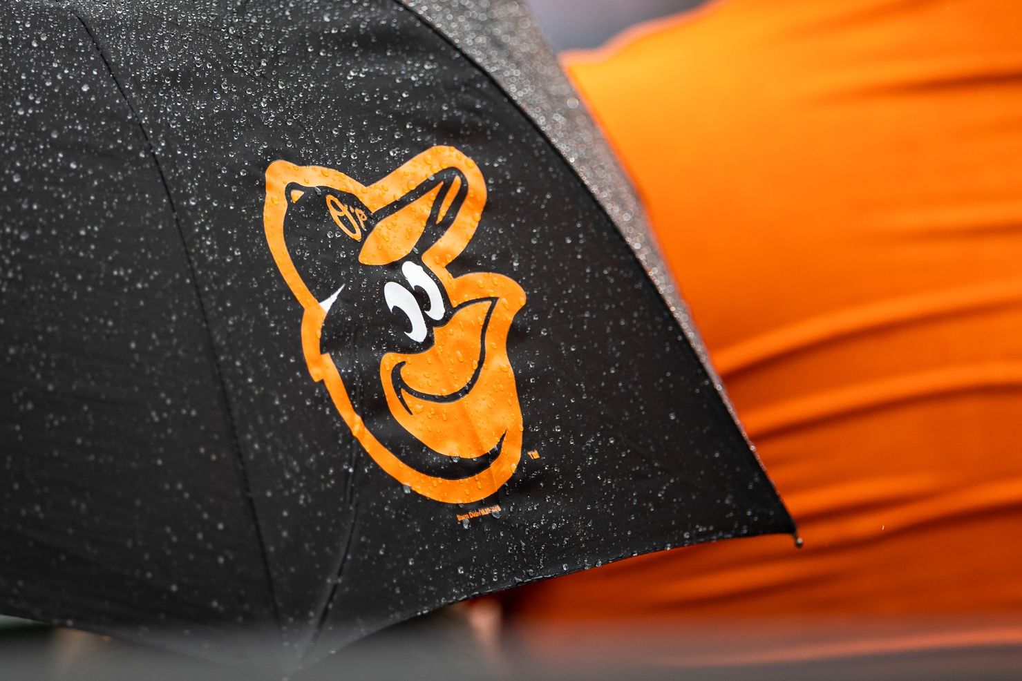A Baltimore Orioles logo is seen on an umbrella during the game between the Baltimore Orioles and the Atlanta Braves at Oriole Park at Camden Yards.