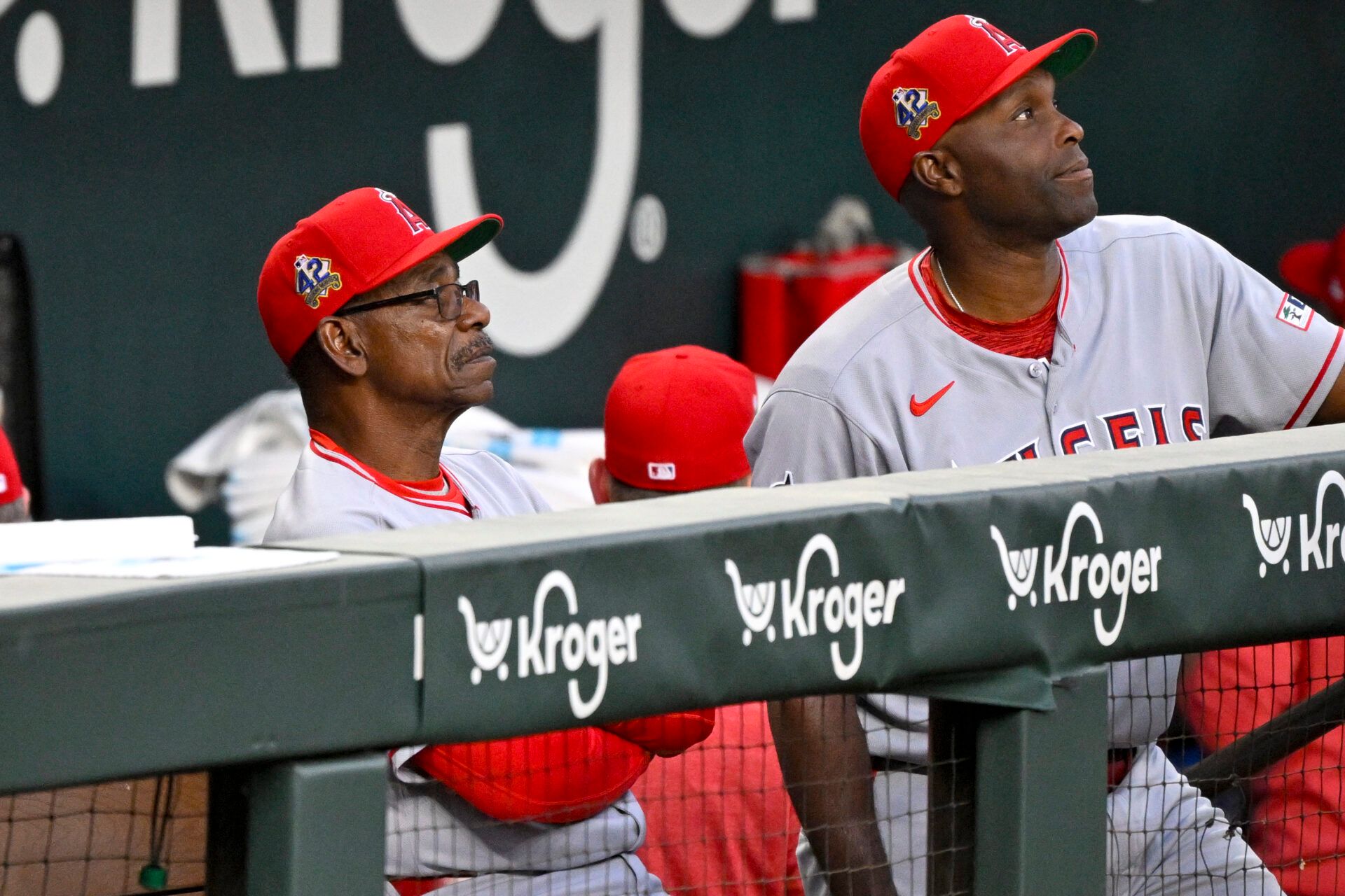 Los Angeles Angels manager Ron Washington looks on during the second inning against the Texas Rangers at Globe Life Field. All MLB players will be wearing the number 42 on Jackie Robinson Day to commemorate Robinson making his major league debut in 1947.