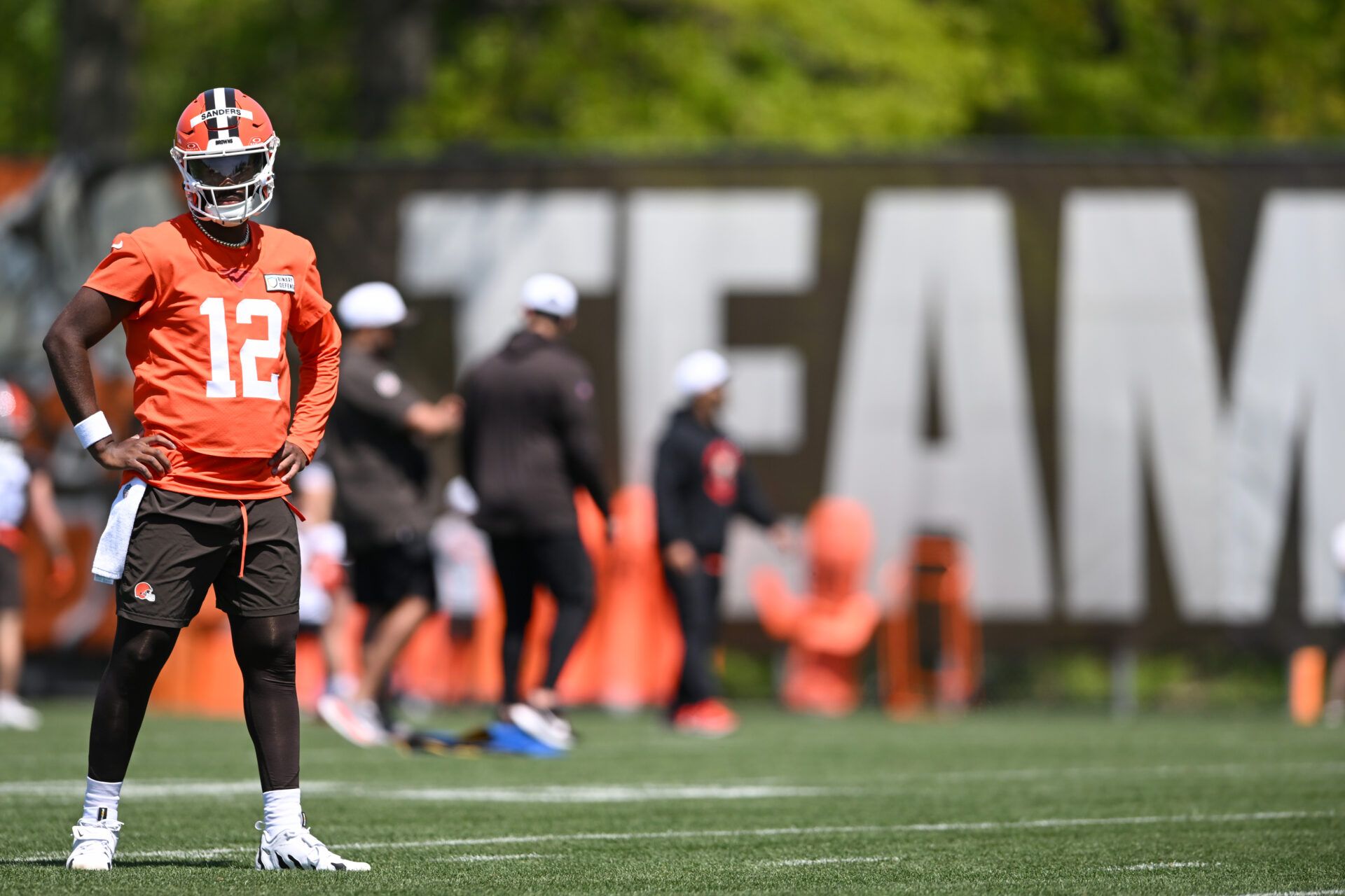 BEREA, OHIO - MAY 10: Shedeur Sanders #12 of the Cleveland Browns looks on during rookie minicamp at CrossCountry Mortgage Campus on May 10, 2025 in Berea, Ohio. (Photo by Nick Cammett/Getty Images)