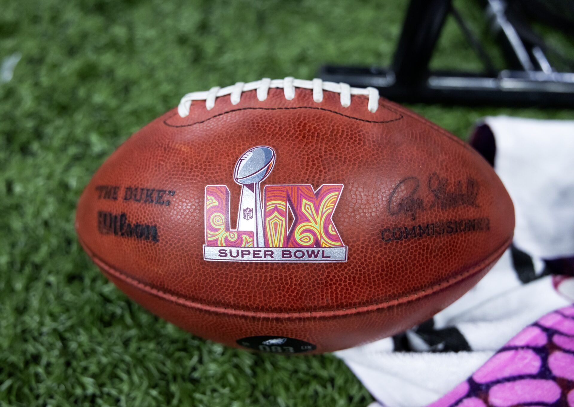Detailed view of the Super Bowl logo on an official Wilson NFL football during the Philadelphia Eagles game against the Kansas City Chiefs in Super Bowl LIX at Ceasars Superdome.