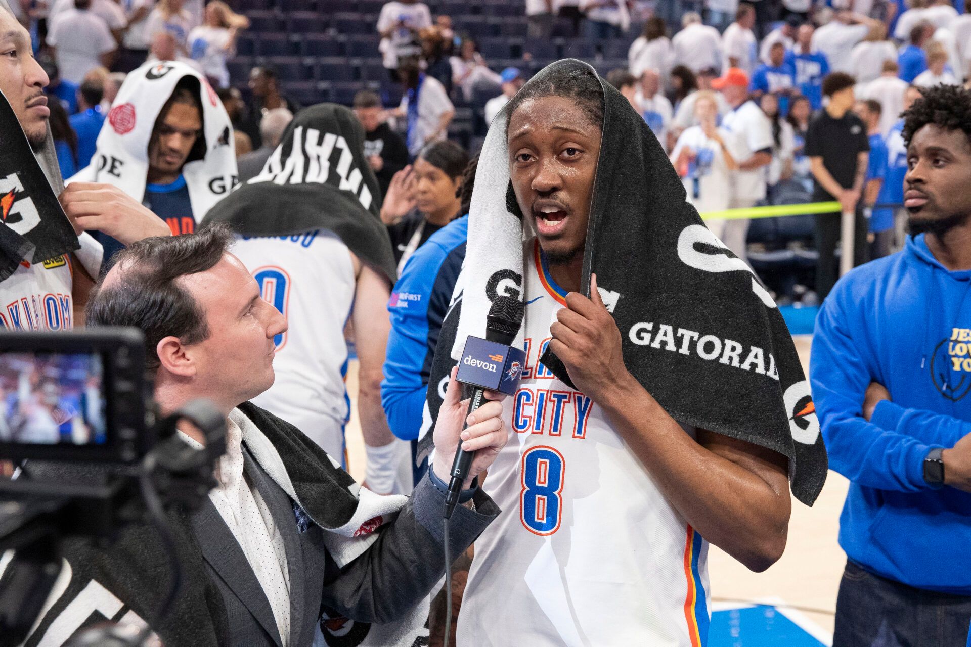Oklahoma City Thunder forward Jalen Williams (8) talks to tv reporters after his team defeated the Denver Nuggets during the  game five of the second round for the 2025 NBA Playoffs at Paycom Center.