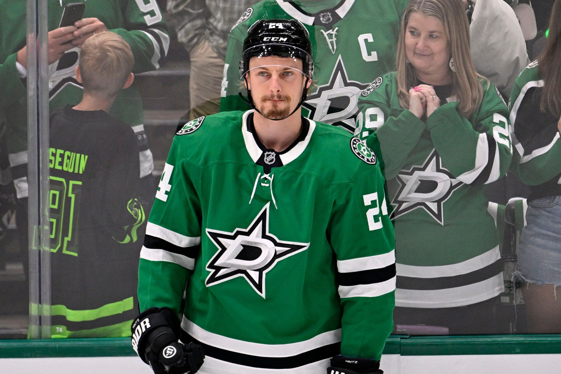 Dallas Stars center Roope Hintz (24) practices before game two of the Western Conference Final of the 2025 Stanley Cup Playoffs at American Airlines Center.