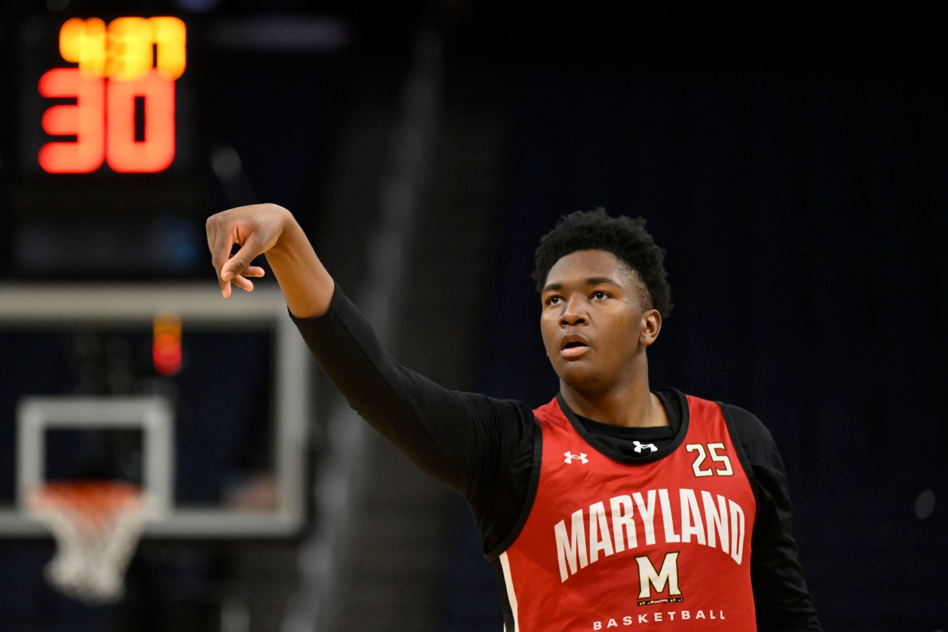 Maryland Terrapins center Derik Queen (25) shoots the basketball during NCAA Tournament West Regional Practice at Chase Center.